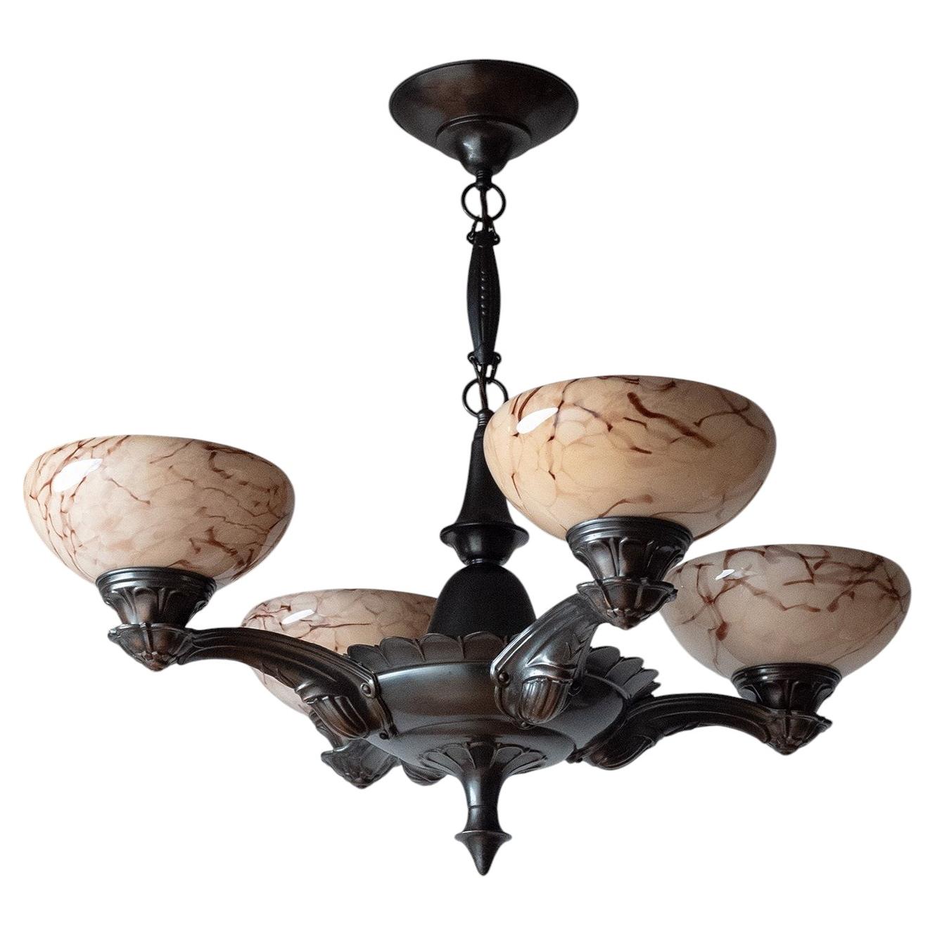 Swedish Patinated Copper and Glass Chandelier, circa 1930