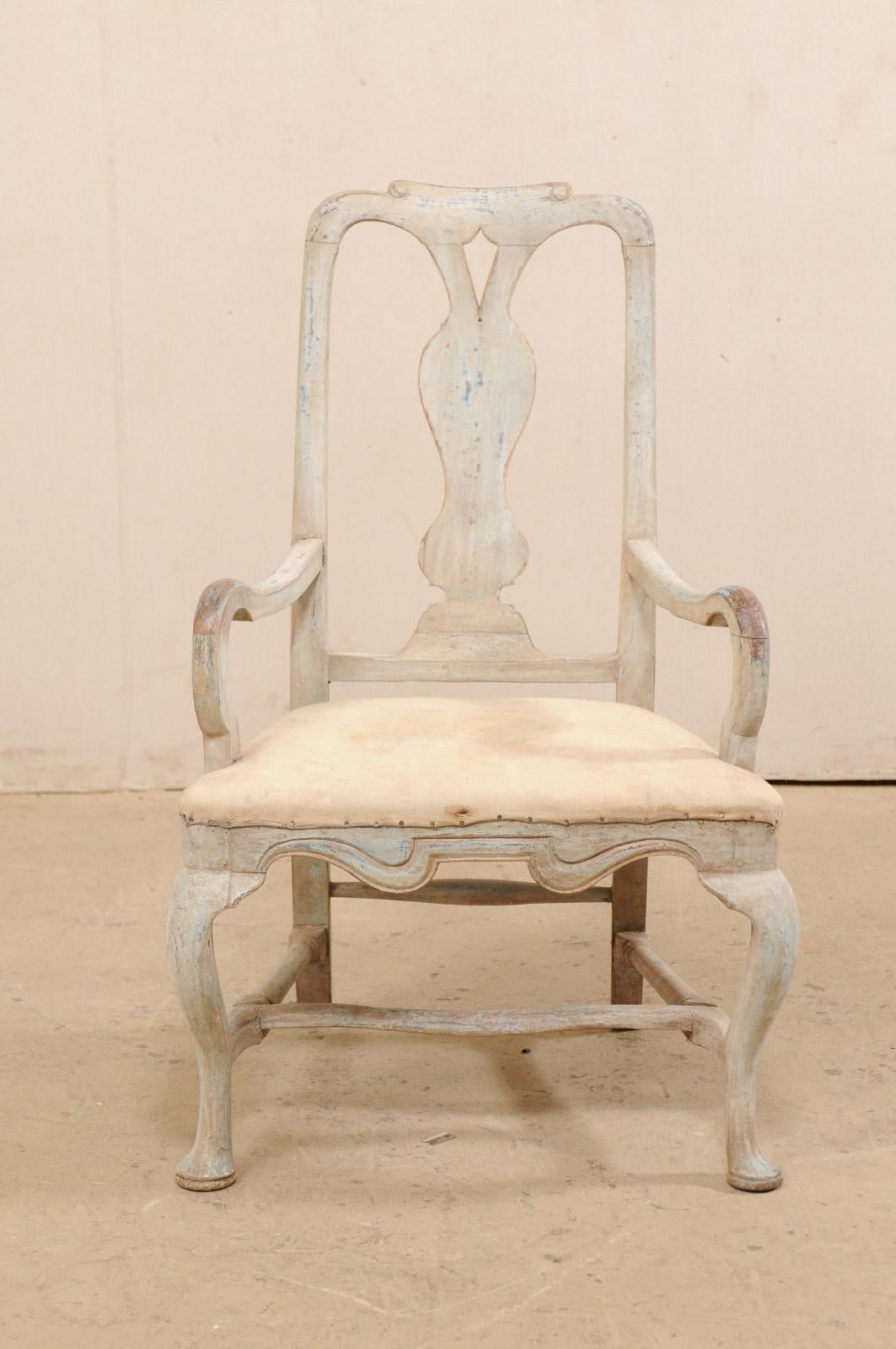 Swedish Period Baroque Armchair with Carved Splat-Back, Soothing Blue Palette 5
