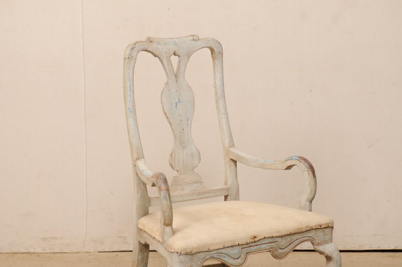 18th Century and Earlier Swedish Period Baroque Armchair with Carved Splat-Back, Soothing Blue Palette