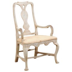 Swedish Period Baroque Armchair with Carved Splat-Back, Soothing Blue Palette