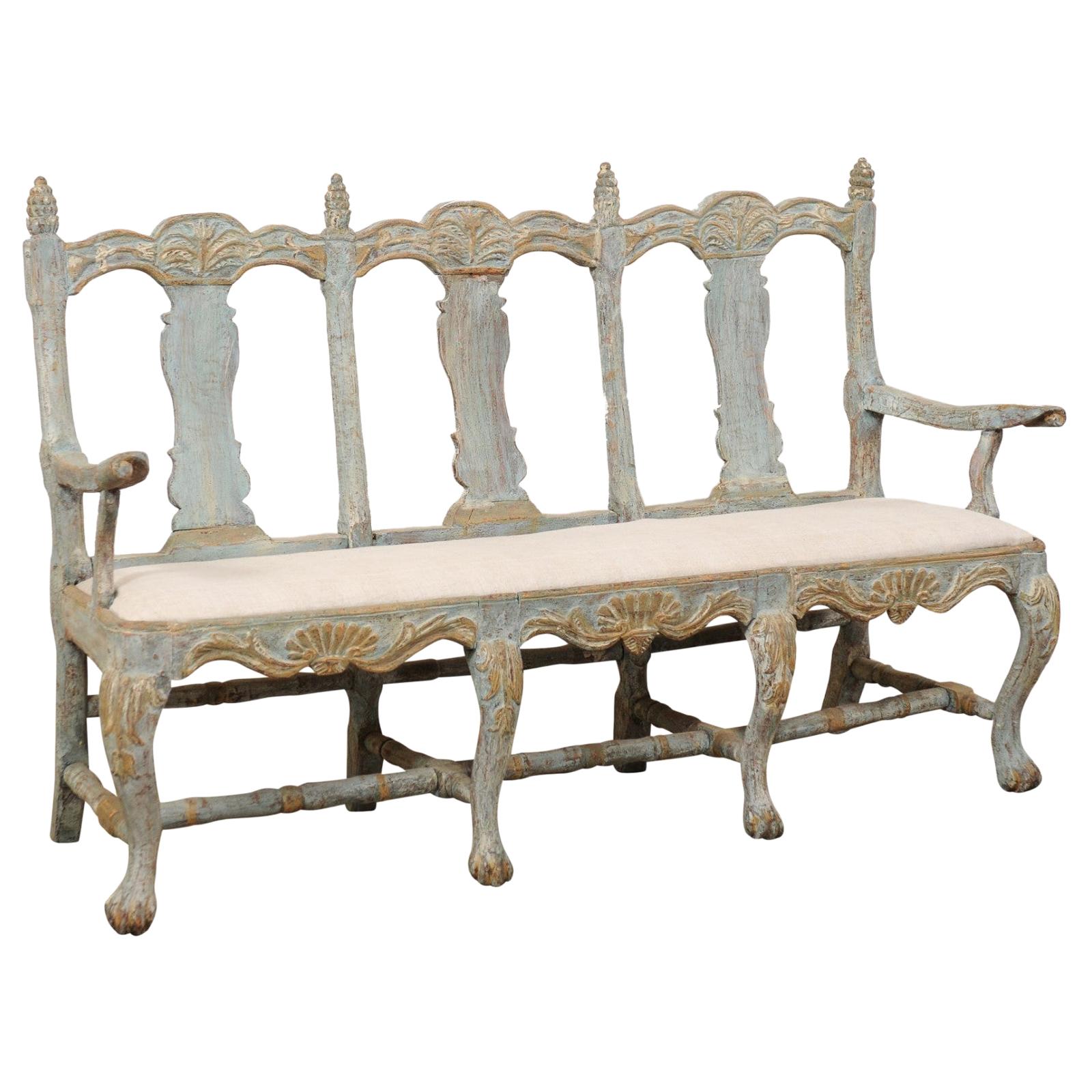 Swedish Period Baroque Carved Wood Three-Chair Back Bench with Upholstered Seat