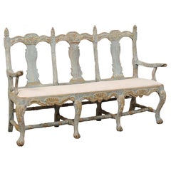 Antique Swedish Period Baroque Carved Wood Three-Chair Back Bench with Upholstered Seat