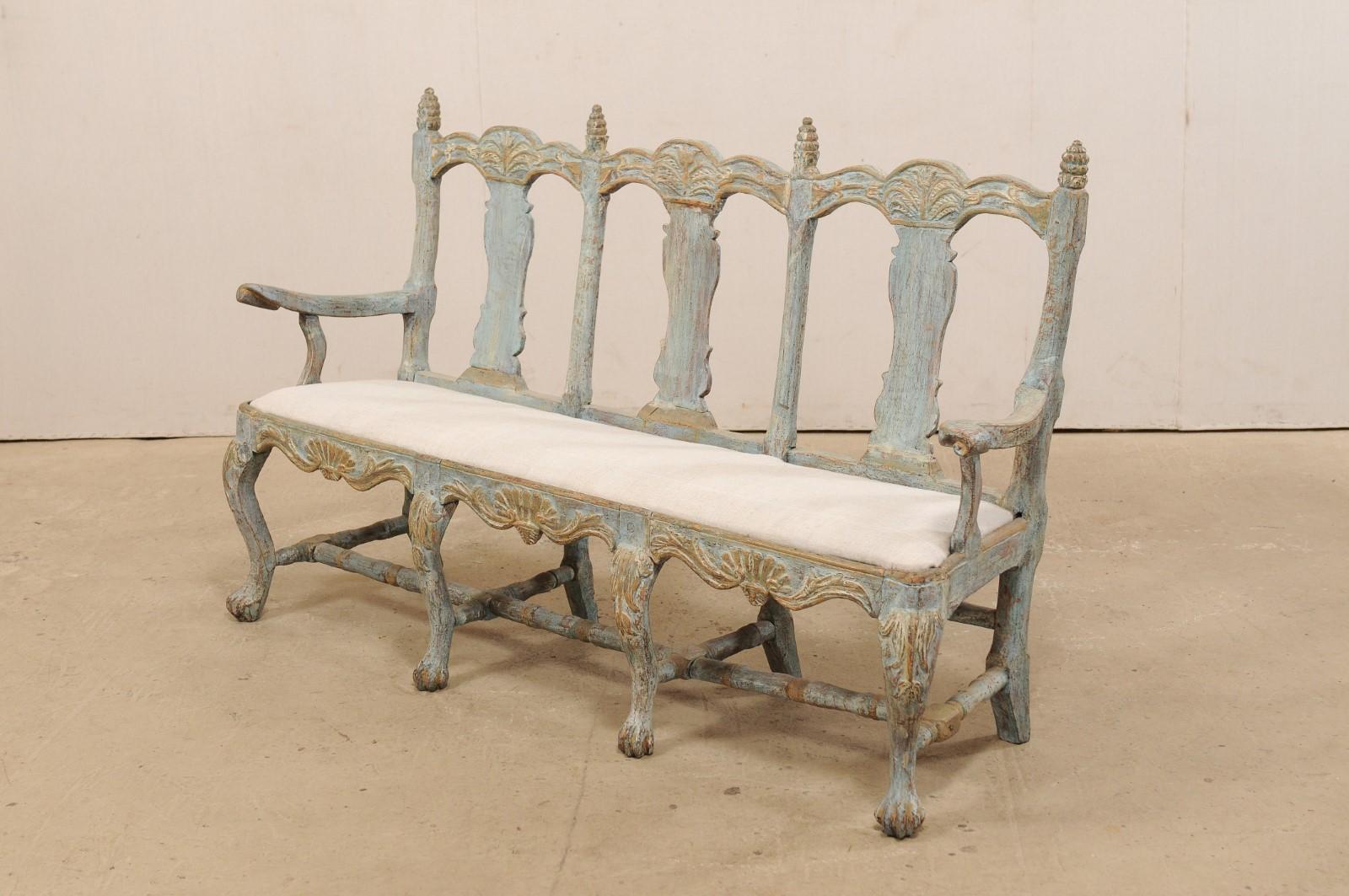 Swedish Period Baroque Carved Wood Three-Chair Back Bench with Upholstered Seat For Sale 2