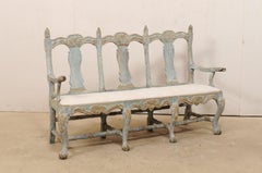 Swedish Period Baroque Carved Wood Three-Chair Back Bench with Upholstered Seat