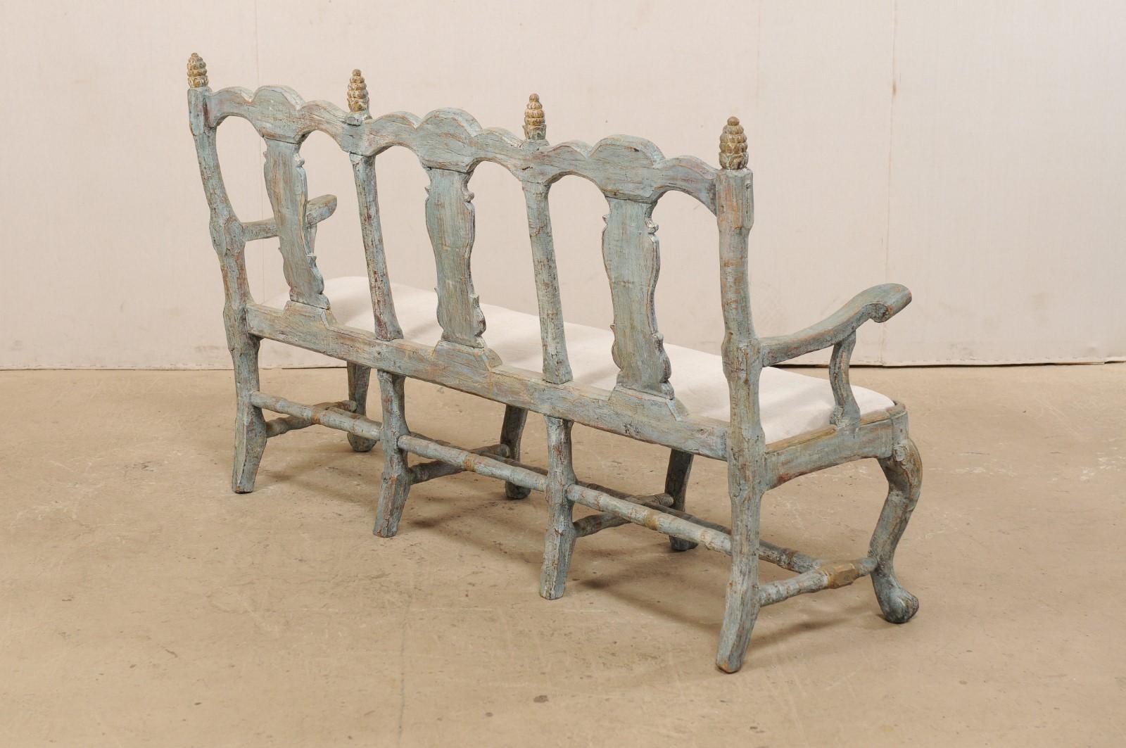 Swedish Period Baroque Carved Wood Three-Chair Back Bench with Upholstered Seat In Good Condition For Sale In Atlanta, GA