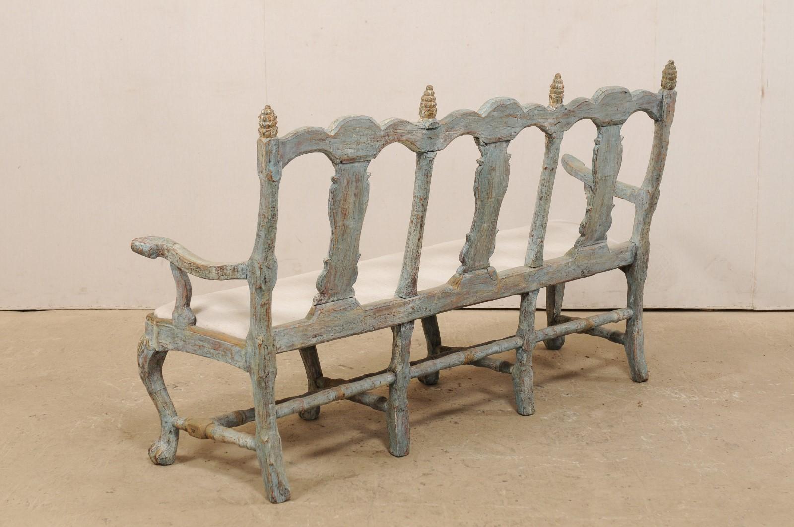 18th Century and Earlier Swedish Period Baroque Carved Wood Three-Chair Back Bench with Upholstered Seat For Sale