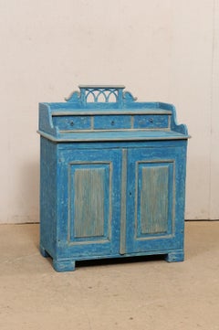 Swedish Period Gustavian Cabinet w/Arch Motif Top-Rail & Reed Carved Doors, Blue