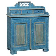 Swedish Period Gustavian Cabinet w/Arch Motif Top-Rail & Reed Carved Doors, Blue