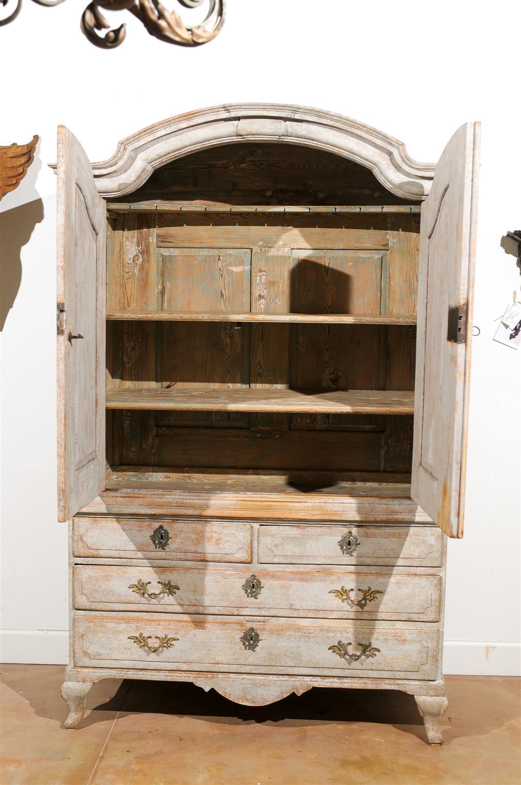 18th Century Swedish Period Rococo Wooden Cabinet with Original Paint and Bonnet Pediment