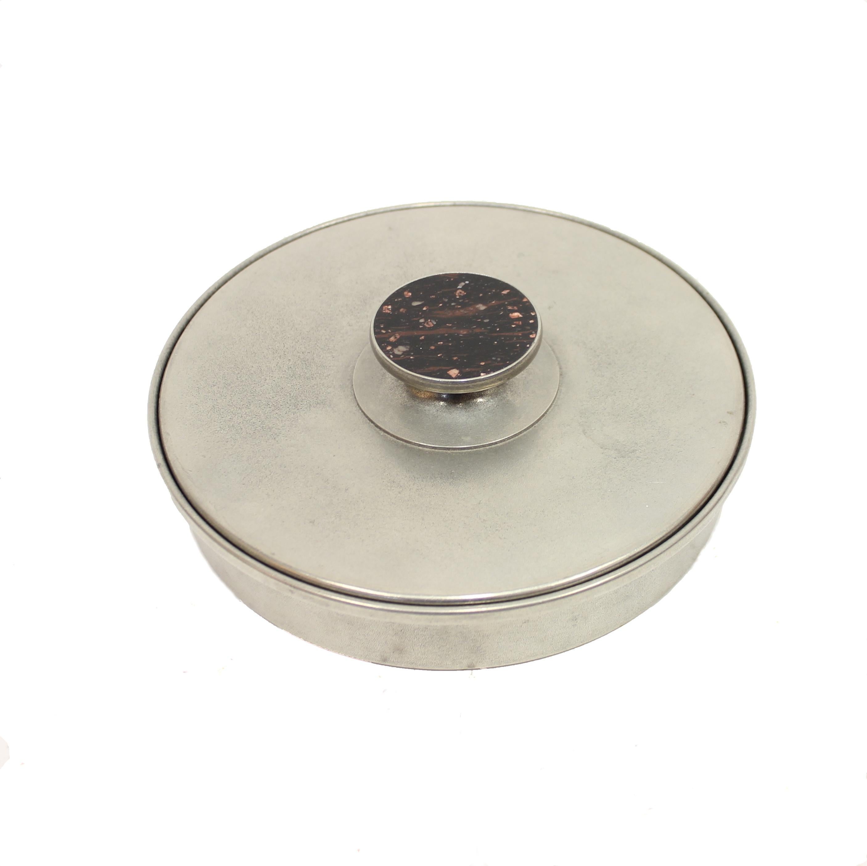 Swedish pewter jewelry box with Porphyry stone handle made by Swedish company Stenlya in 1974. Porphyry (Porfyr in Swedish) is also called 