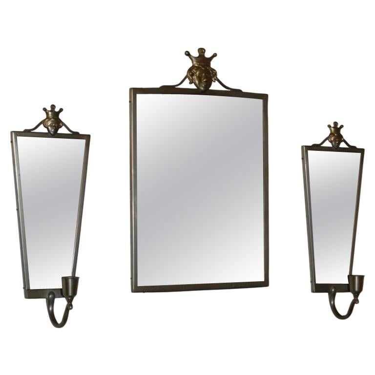 Swedish Pewter Mirror and Sconces by Svenskt Tenn For Sale