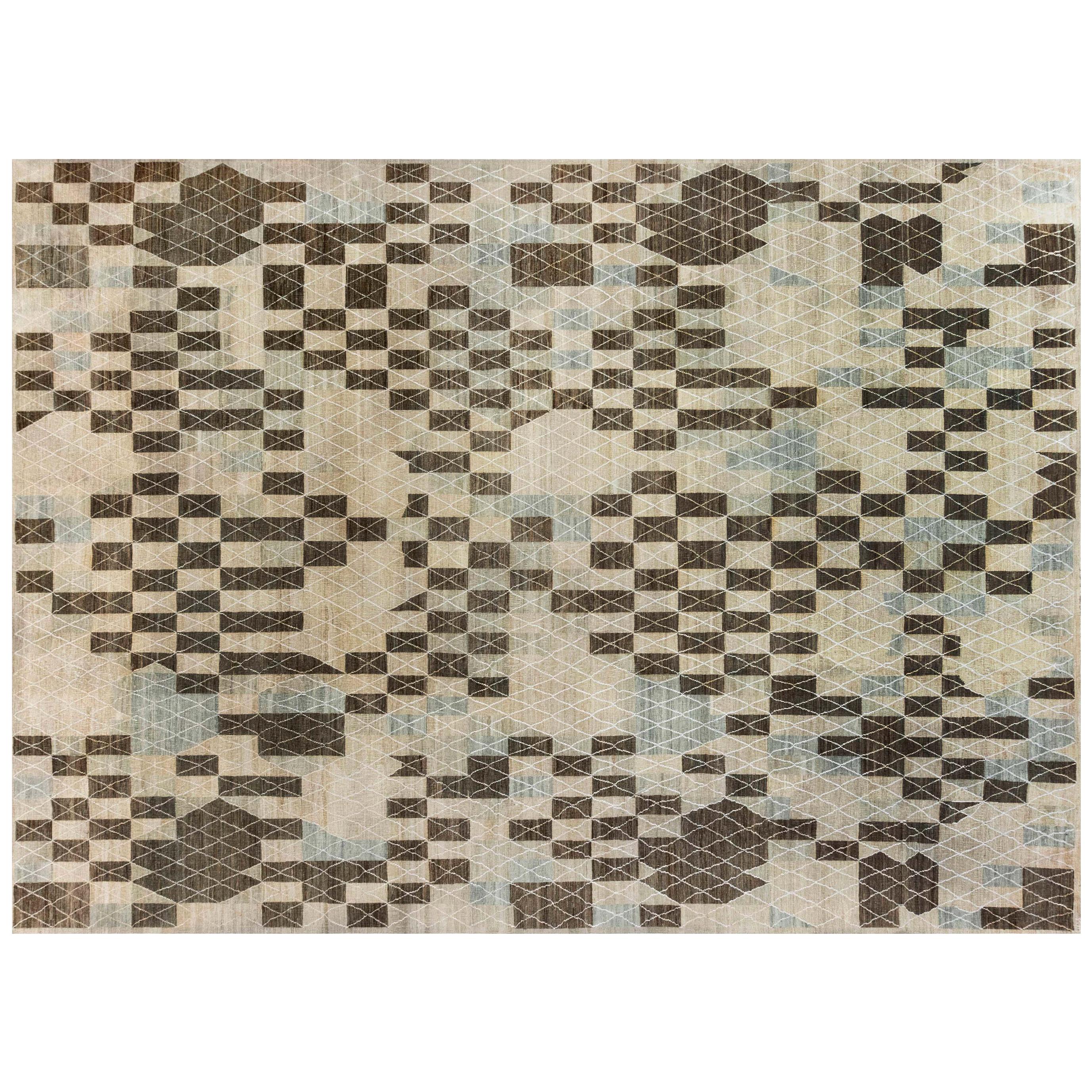 Swedish Pile Pastel Blue, Brown, Beige and Off-White Wool Rug