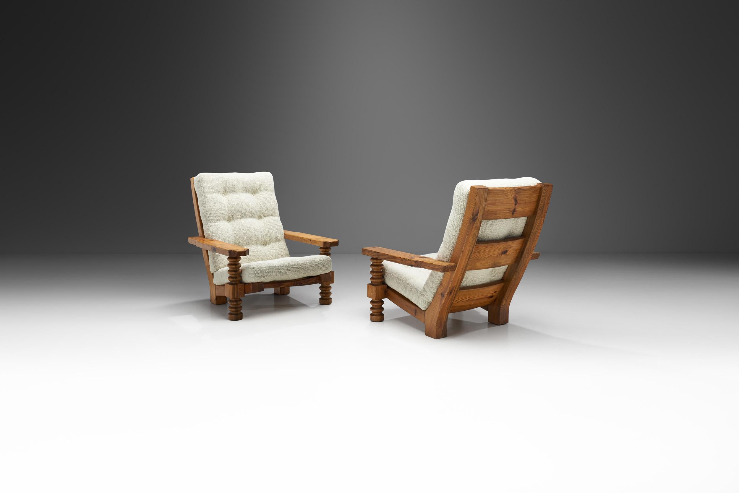 Scandinavian Modern Swedish Pine Armchairs with Sculpted Legs, Sweden, 1960s For Sale