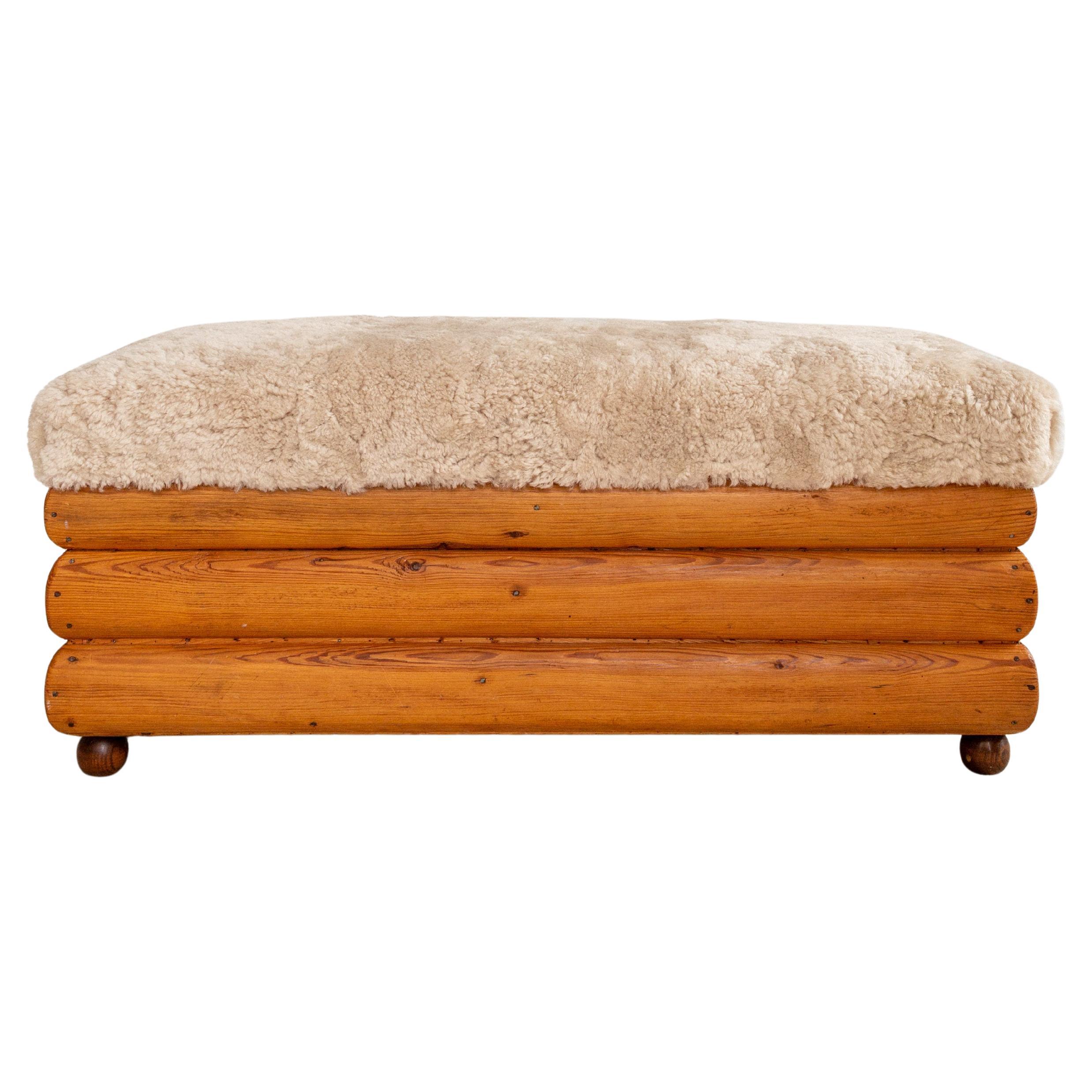 Swedish Pine Bench with Storage and Sheepskin Seat, Scandinavian Modern, 1940s