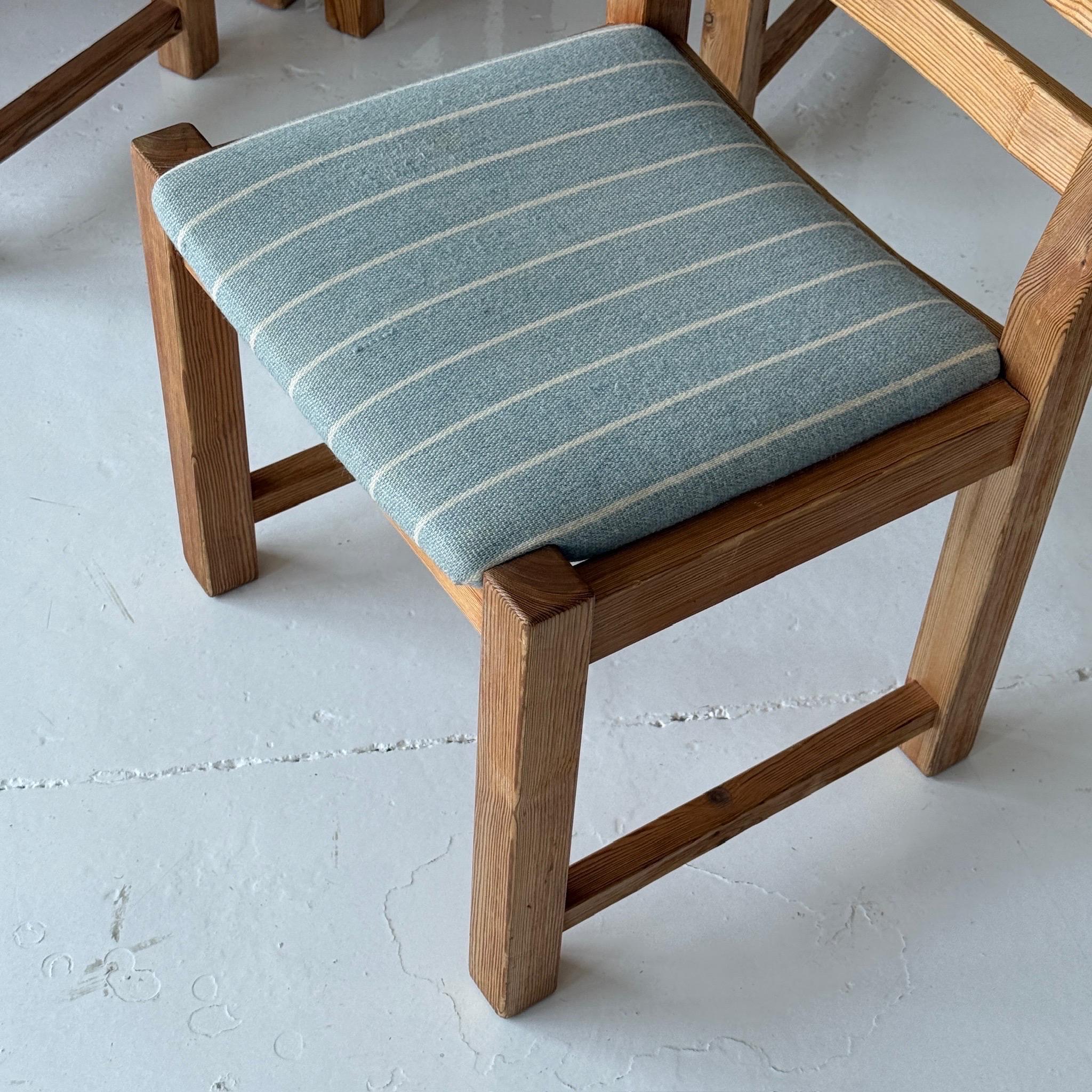 c. 1970s. Sweden. Price is for the set. Contact us if you’d like to purchase a single item. Contrasting blue wool pinstripe upholstery. 

