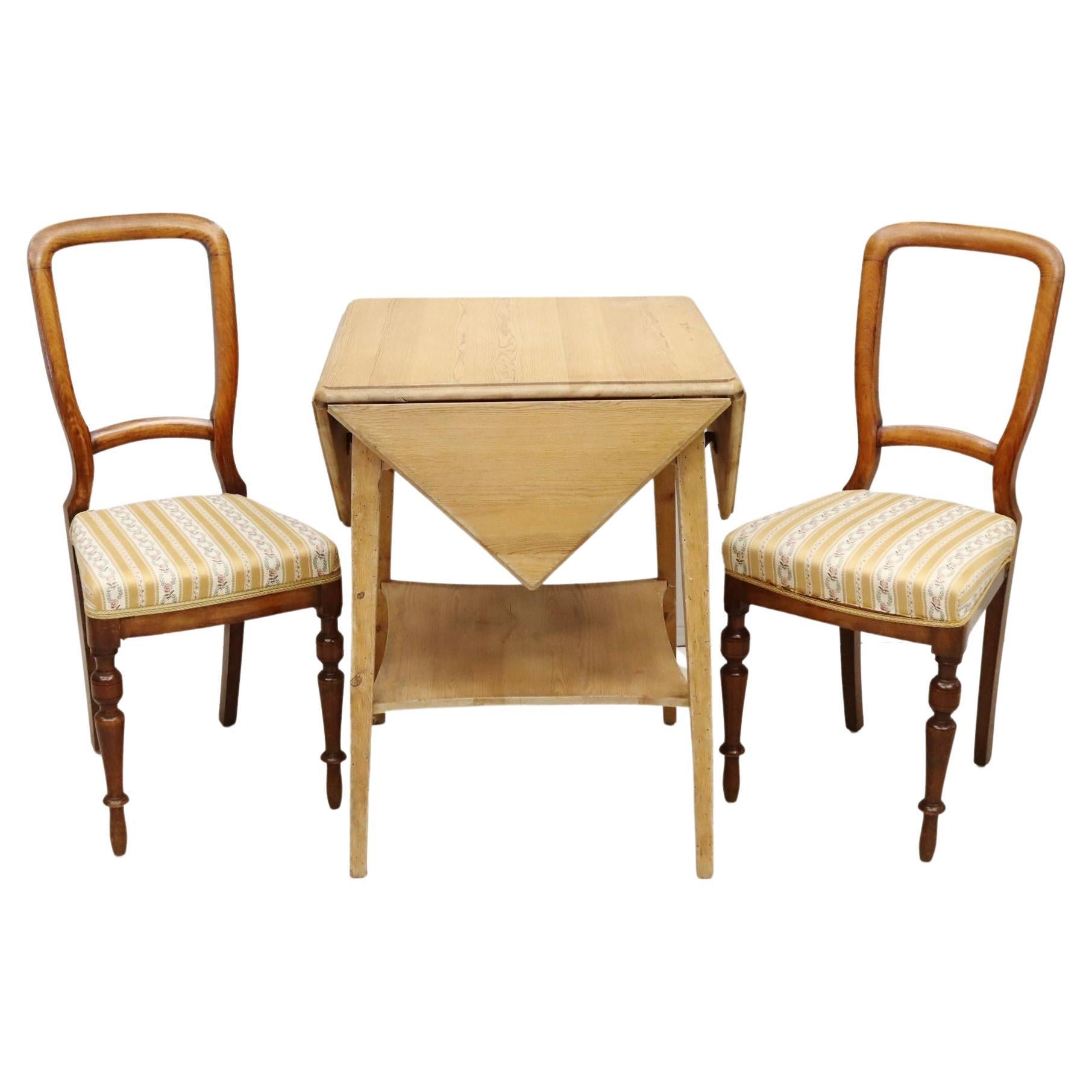 Swedish Pine Envelope Table & Pair of Mahogany and Silk Chairs For Sale