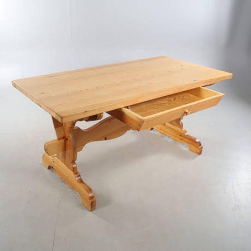 Swedish Pine Farm Table with Simple Carved Trestle Legs & Solid Pine Top In Good Condition For Sale In Memphis, TN