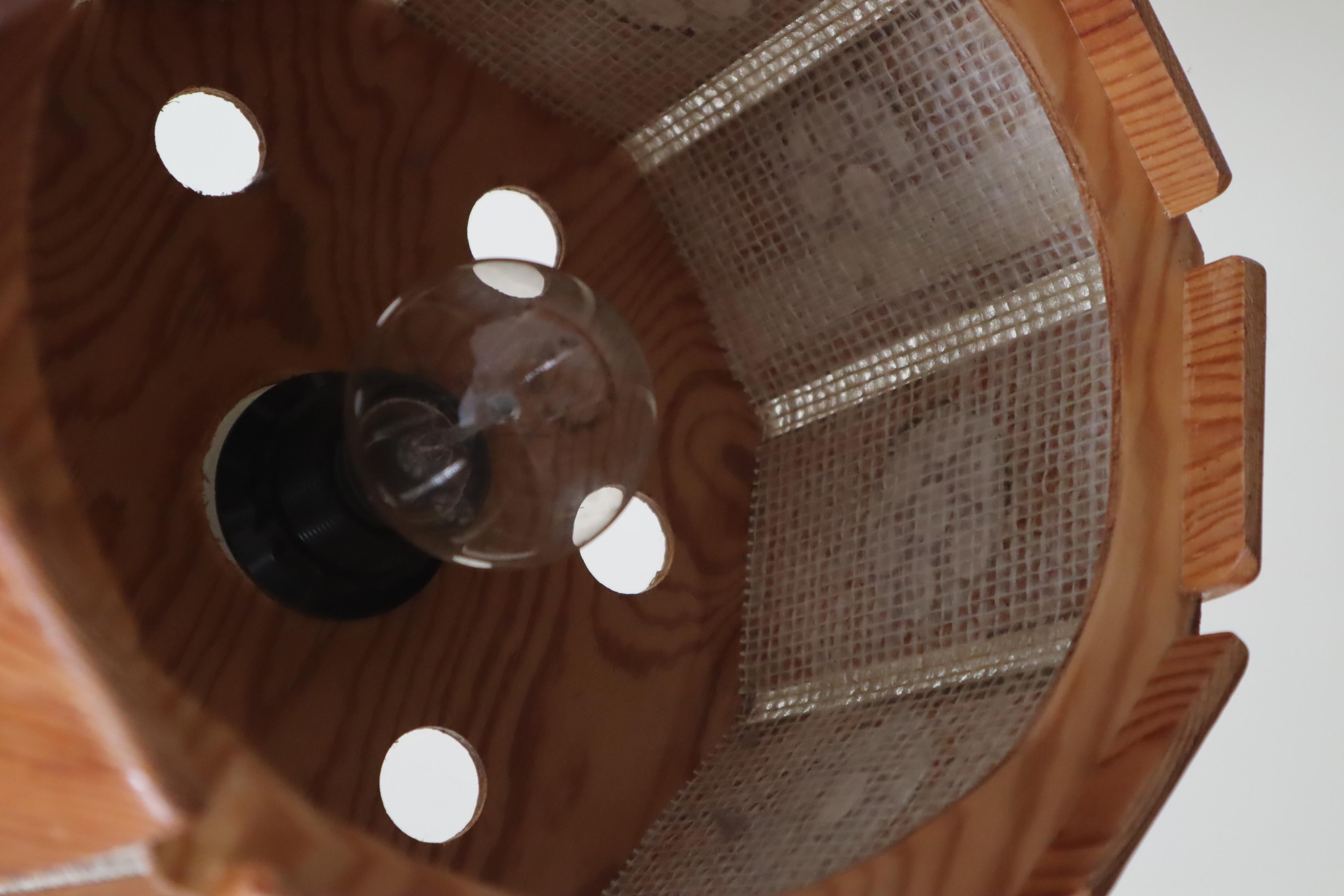 Hand-Carved Swedish Pine Pendant Lamp With Chipboard Decorations For Sale