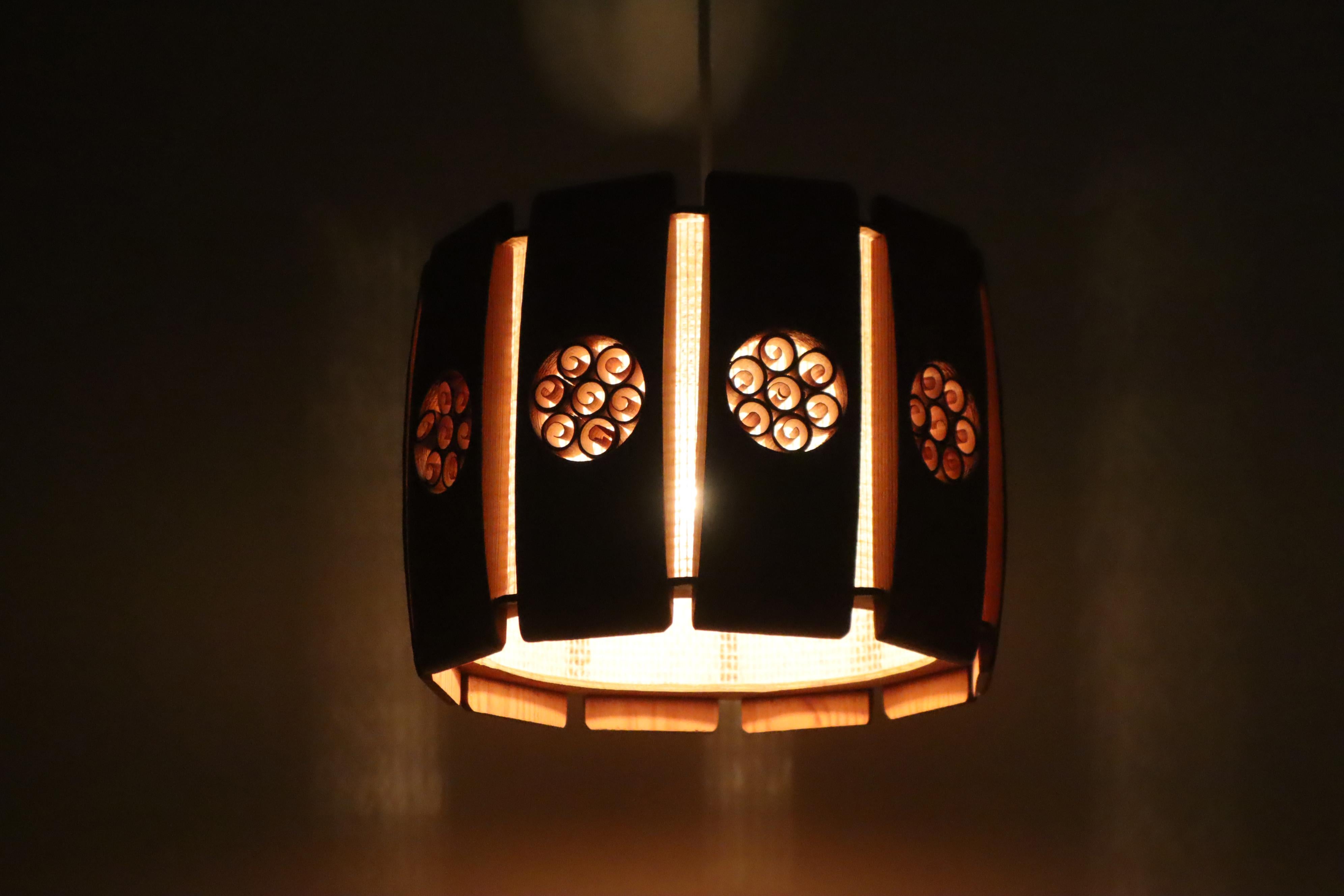 Swedish Pine Pendant Lamp With Chipboard Decorations For Sale 3