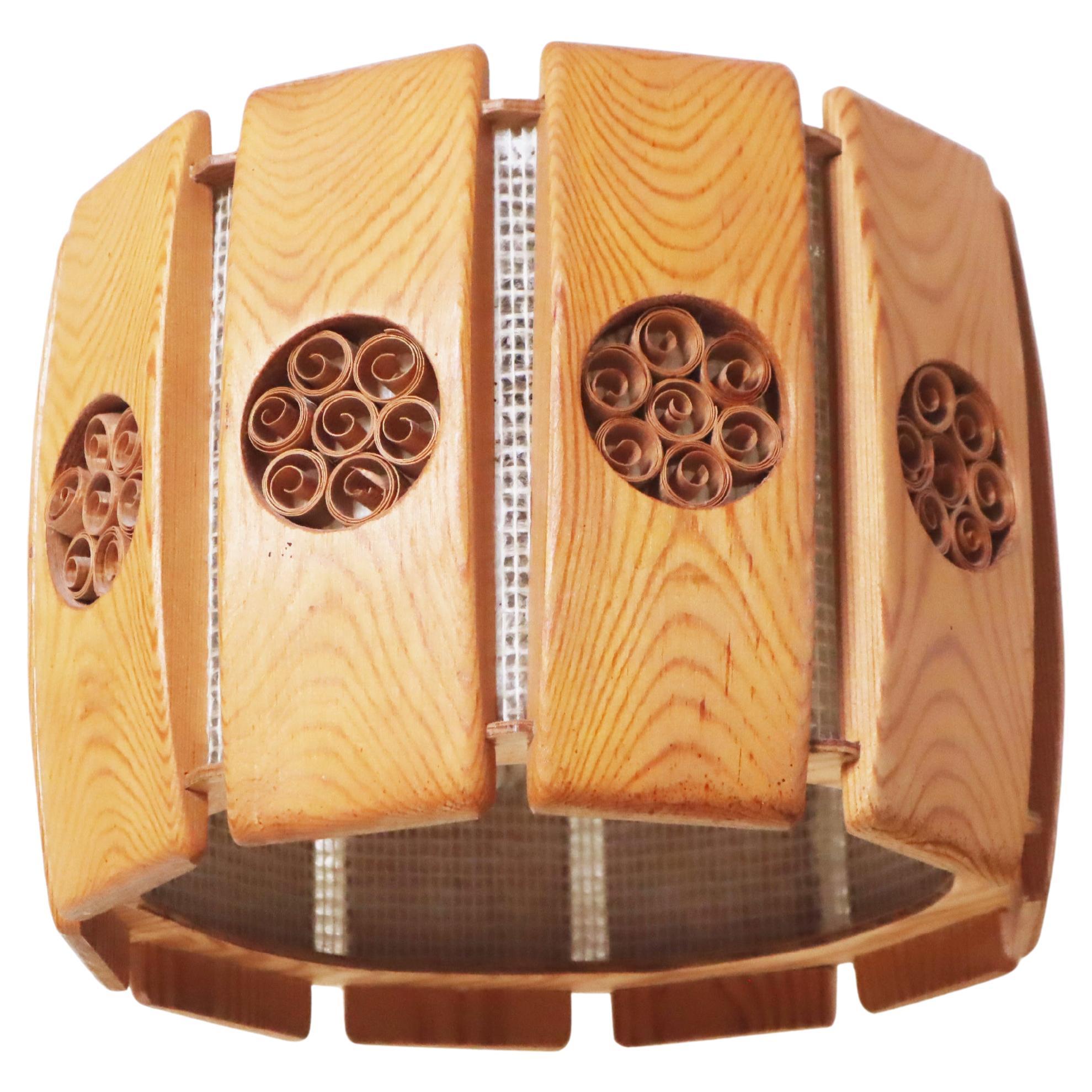 Swedish Pine Pendant Lamp With Chipboard Decorations For Sale