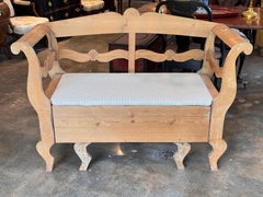 Swedish Pine Storage Bench With Carved Back