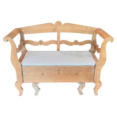 Antique Swedish Pine Storage Bench With Carved Back