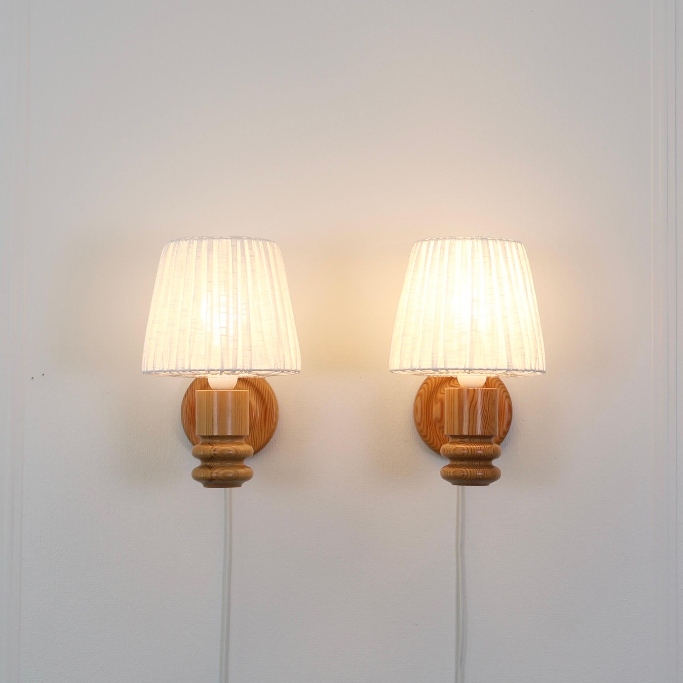 Fabric Swedish Pine Wood Wall Lamps by Solbackens Svarveri, Sweden, 1970s For Sale