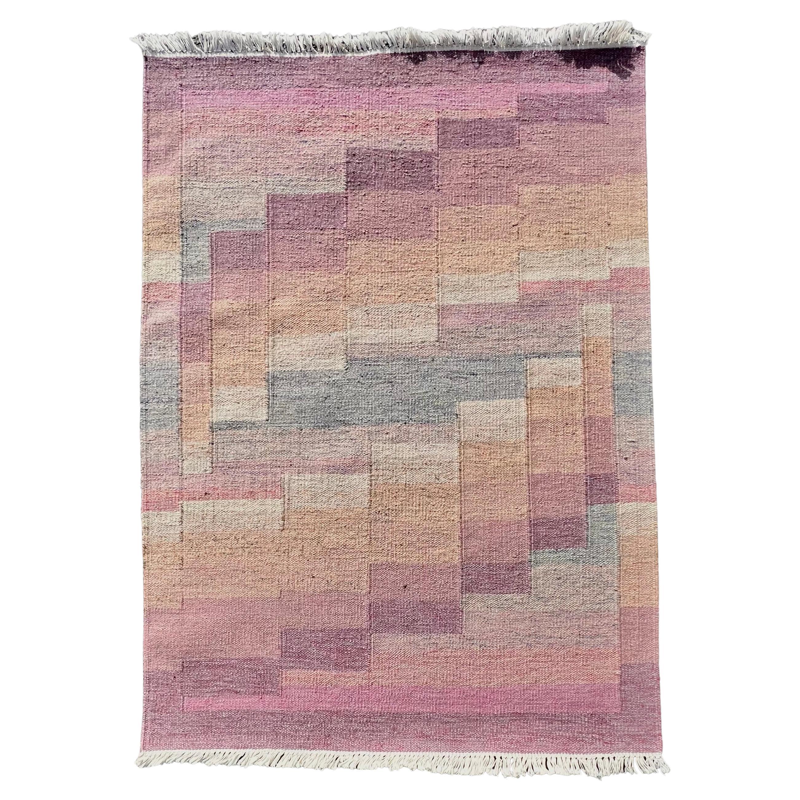 Swedish Pink and Grey Rug, Handcrafted, 1950s For Sale