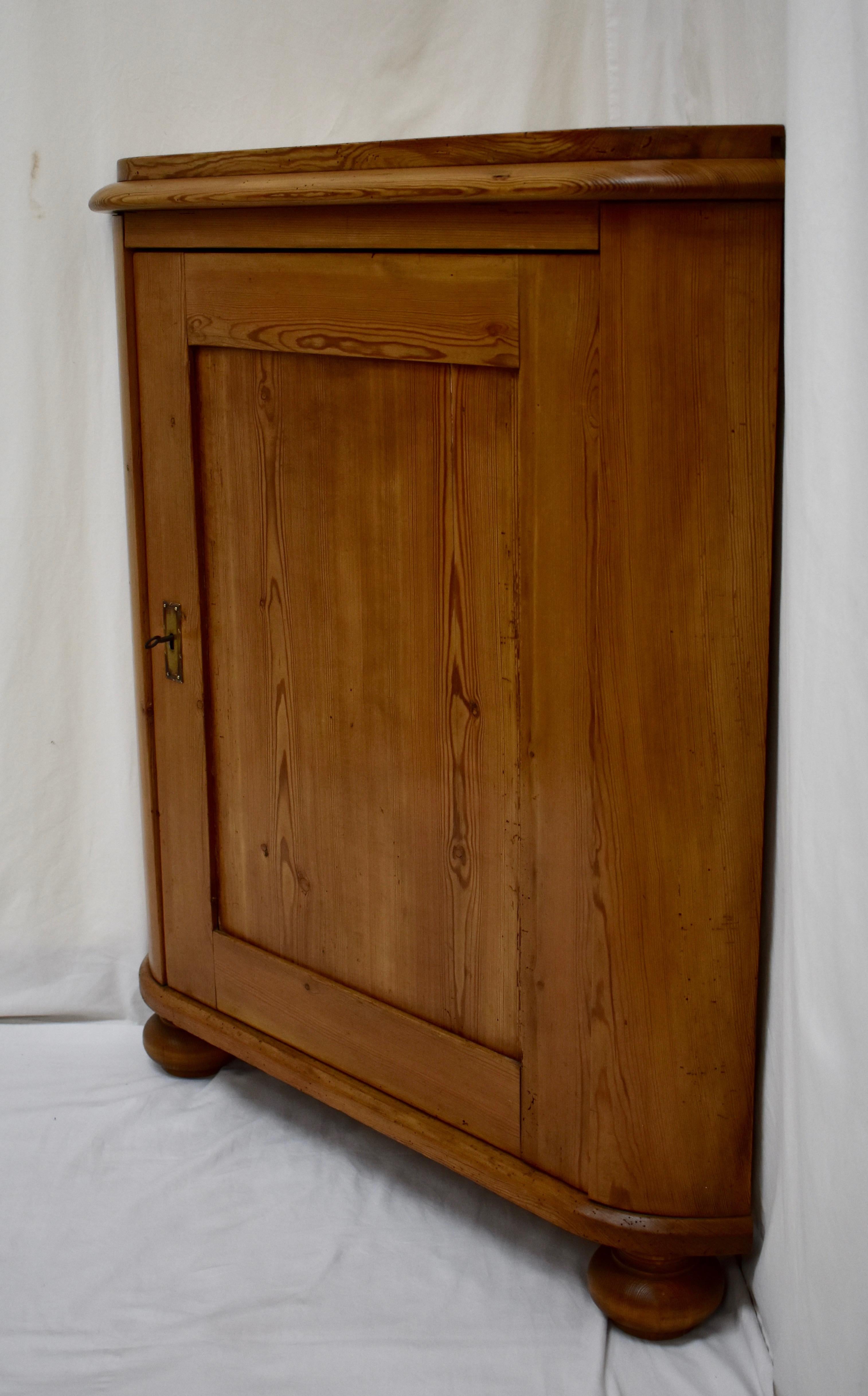 Polished Swedish Pitch Pine One Door Corner Cupboard