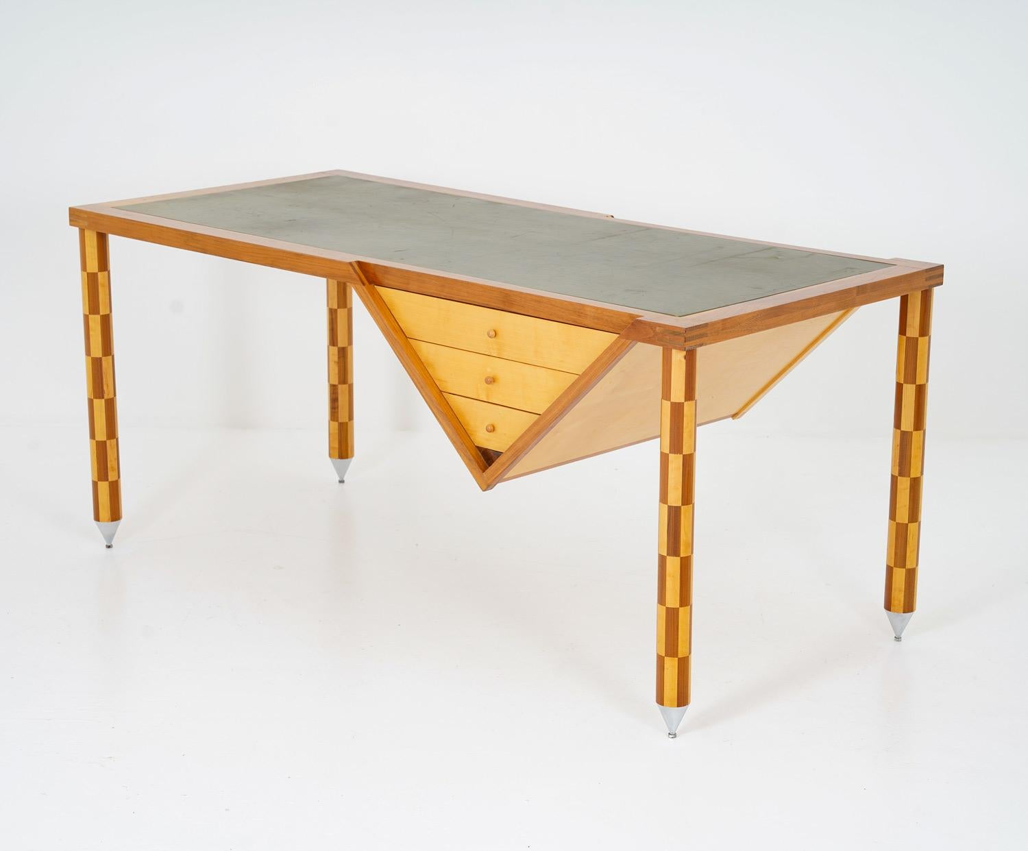 Mid-Century Modern Swedish Post-Modernist Desk in Wood and Leather