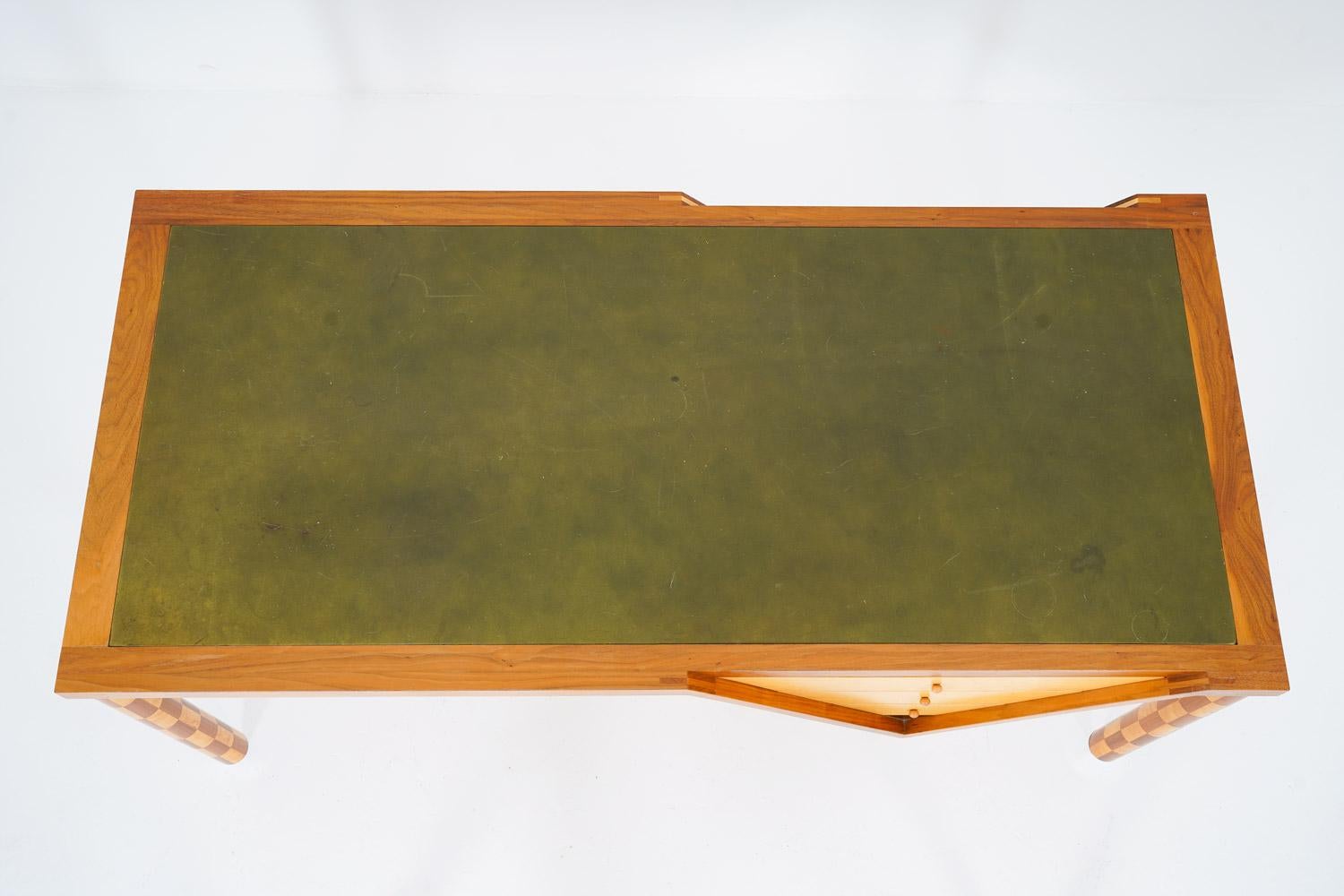 Brass Swedish Post-Modernist Desk in Wood and Leather
