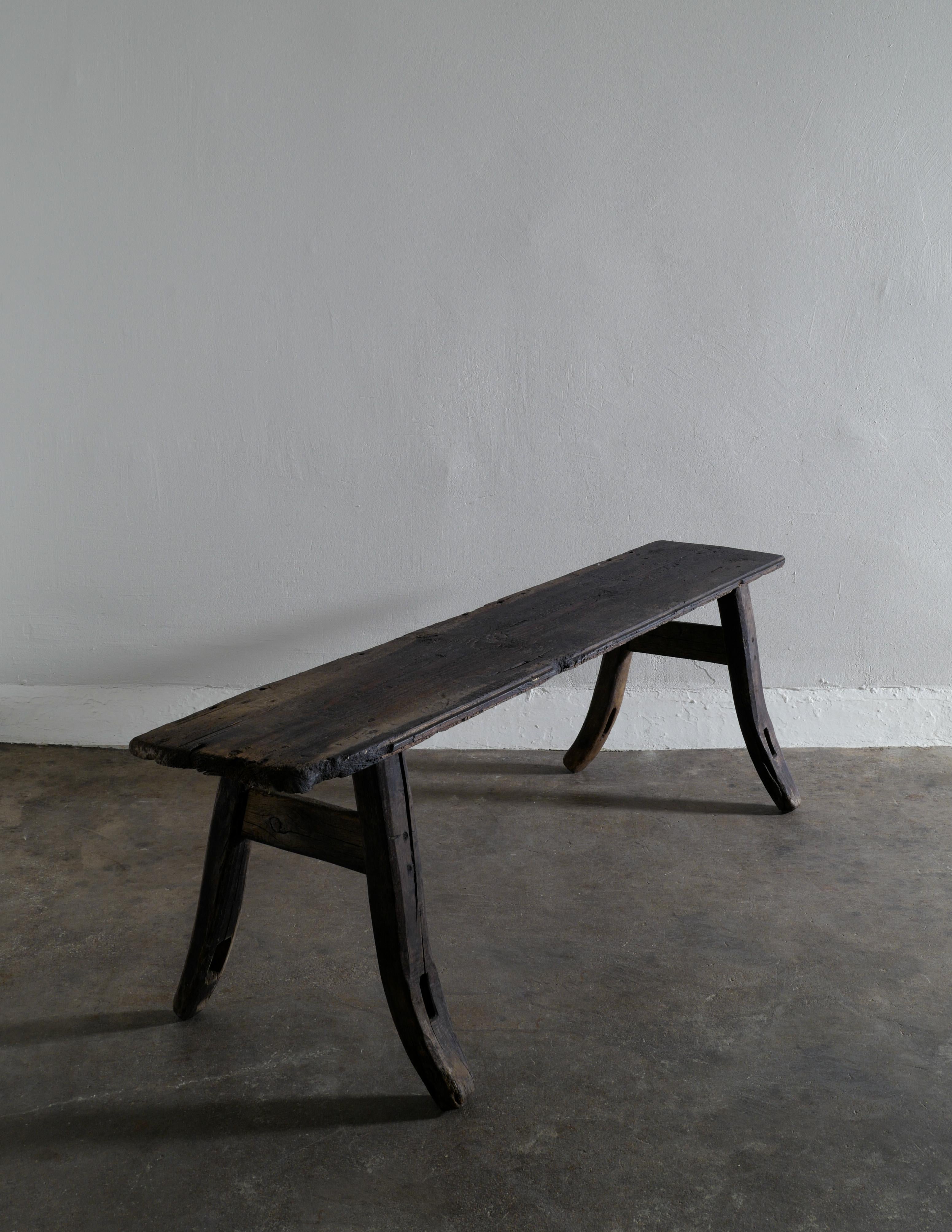 Folk Art Swedish Wabi Sabi Wooden Bench in Pine From the Early 1900s