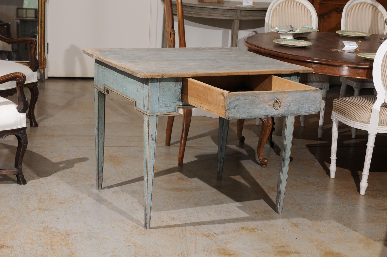 19th Century Swedish Provincial 1800s Painted Side Table with Single Drawer and Tapered Legs