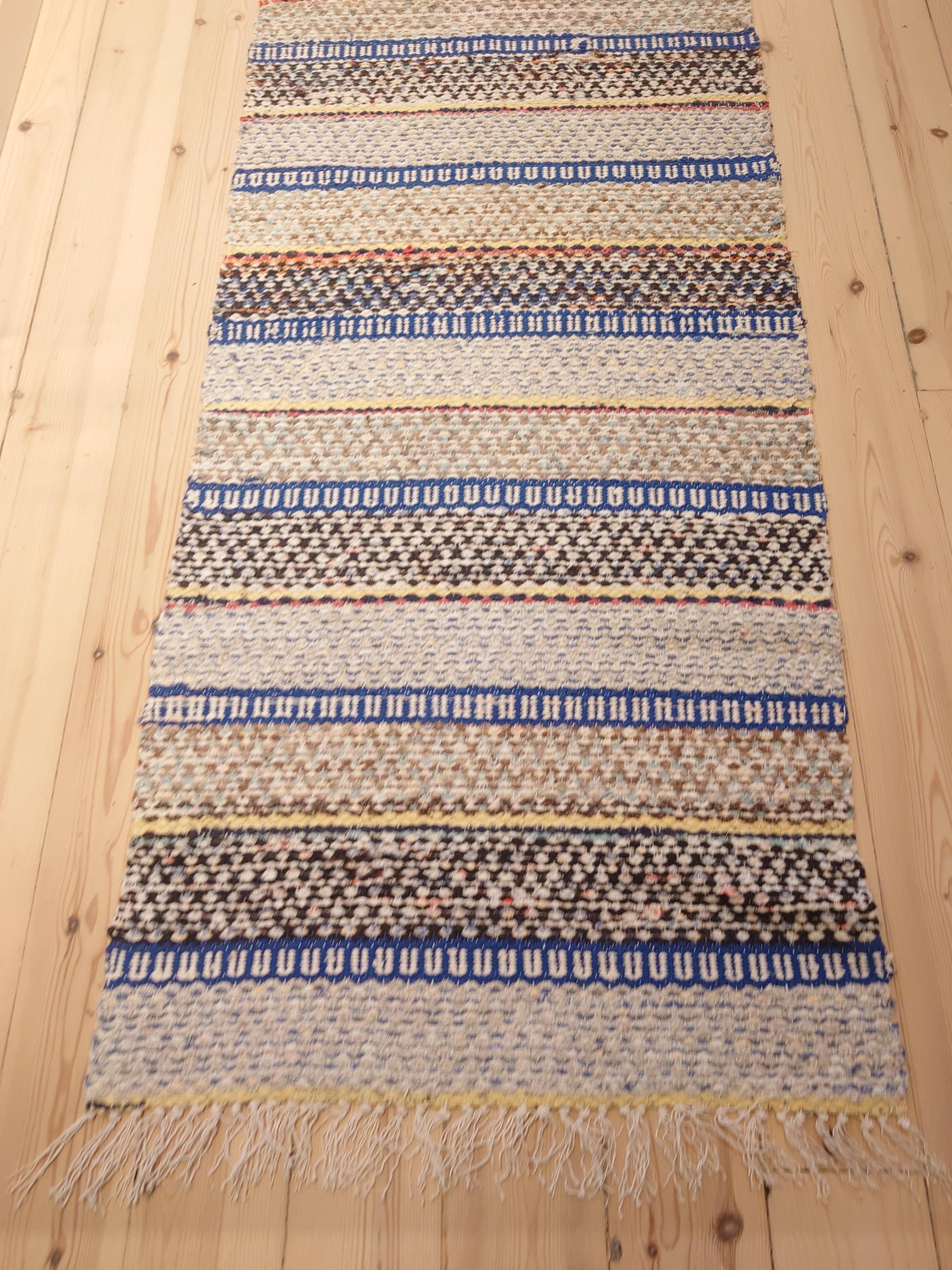 Un fantastico tappeto di pezza svedese con colori e motivi bellissimi.
Tessuto a mano a Boden, nel nord della Svezia.
Il tappeto è stato lavato di fresco.
I tappeti di pezza svedesi vintage e antichi sono disponibili in una varietà di colori e