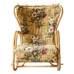 Swedish Rattan Lounge Chair with Floral Cushions, 1960s