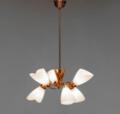 Swedish Red Copper Chandelier with Opal Glass Shades, 1950s