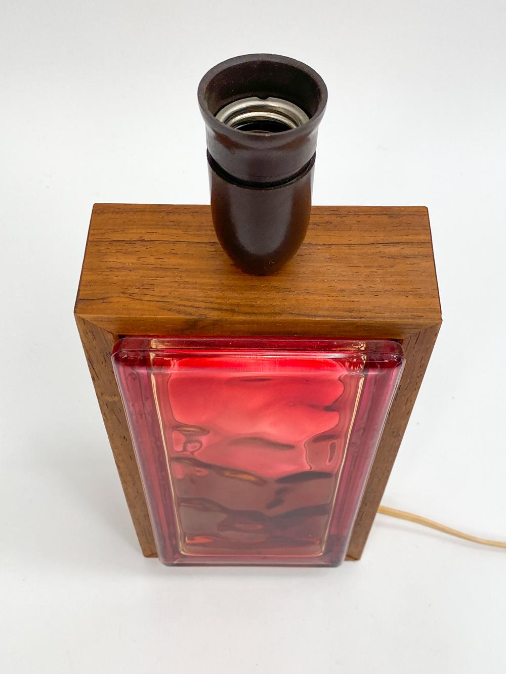 Swedish Red Glass Brick & Rosewood Table Lamp, c. 1960's For Sale 4