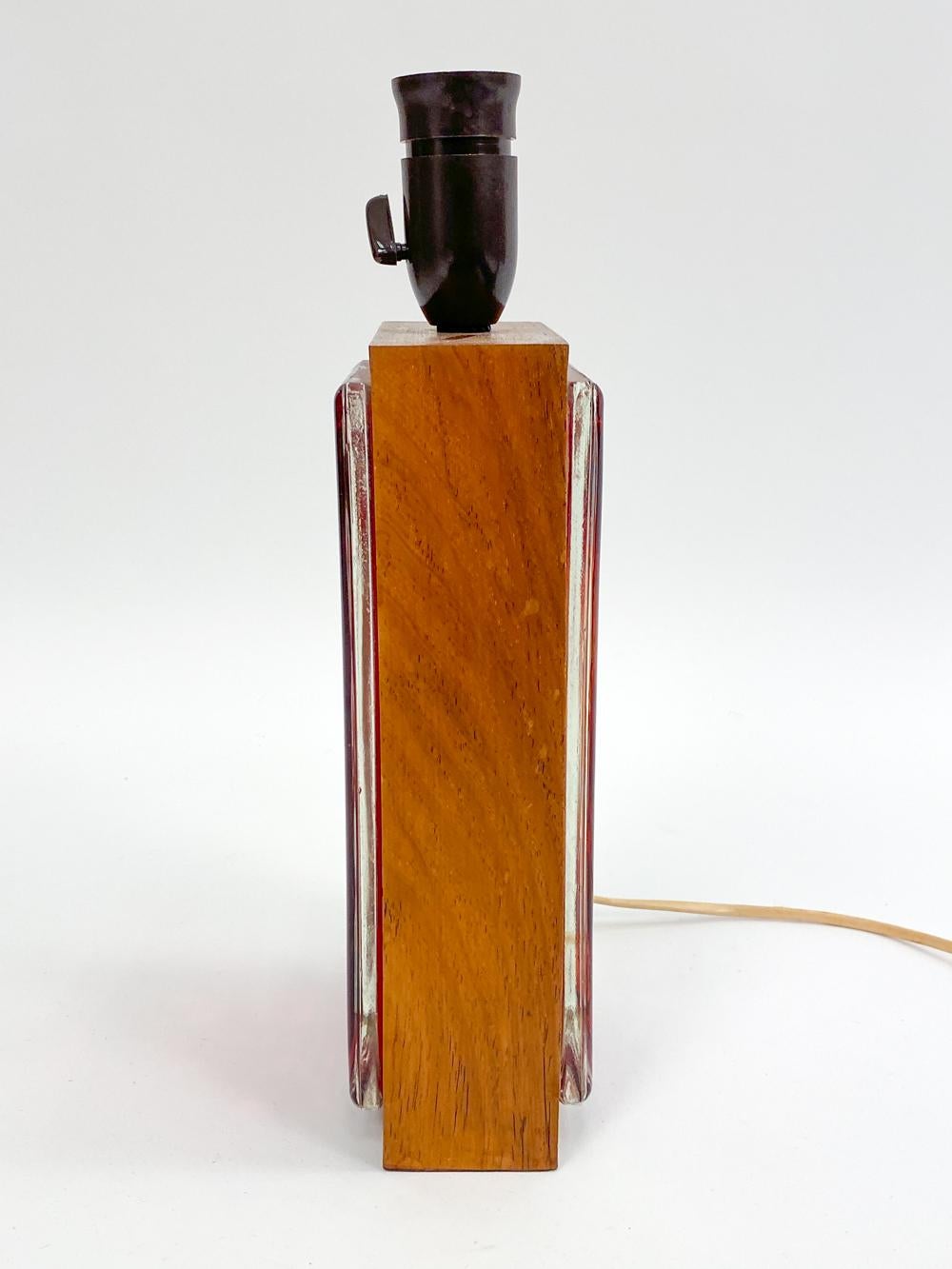 Swedish Red Glass Brick & Rosewood Table Lamp, c. 1960's For Sale 5
