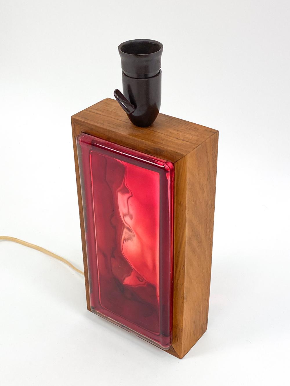 Mid-Century Modern Swedish Red Glass Brick & Rosewood Table Lamp, c. 1960's For Sale