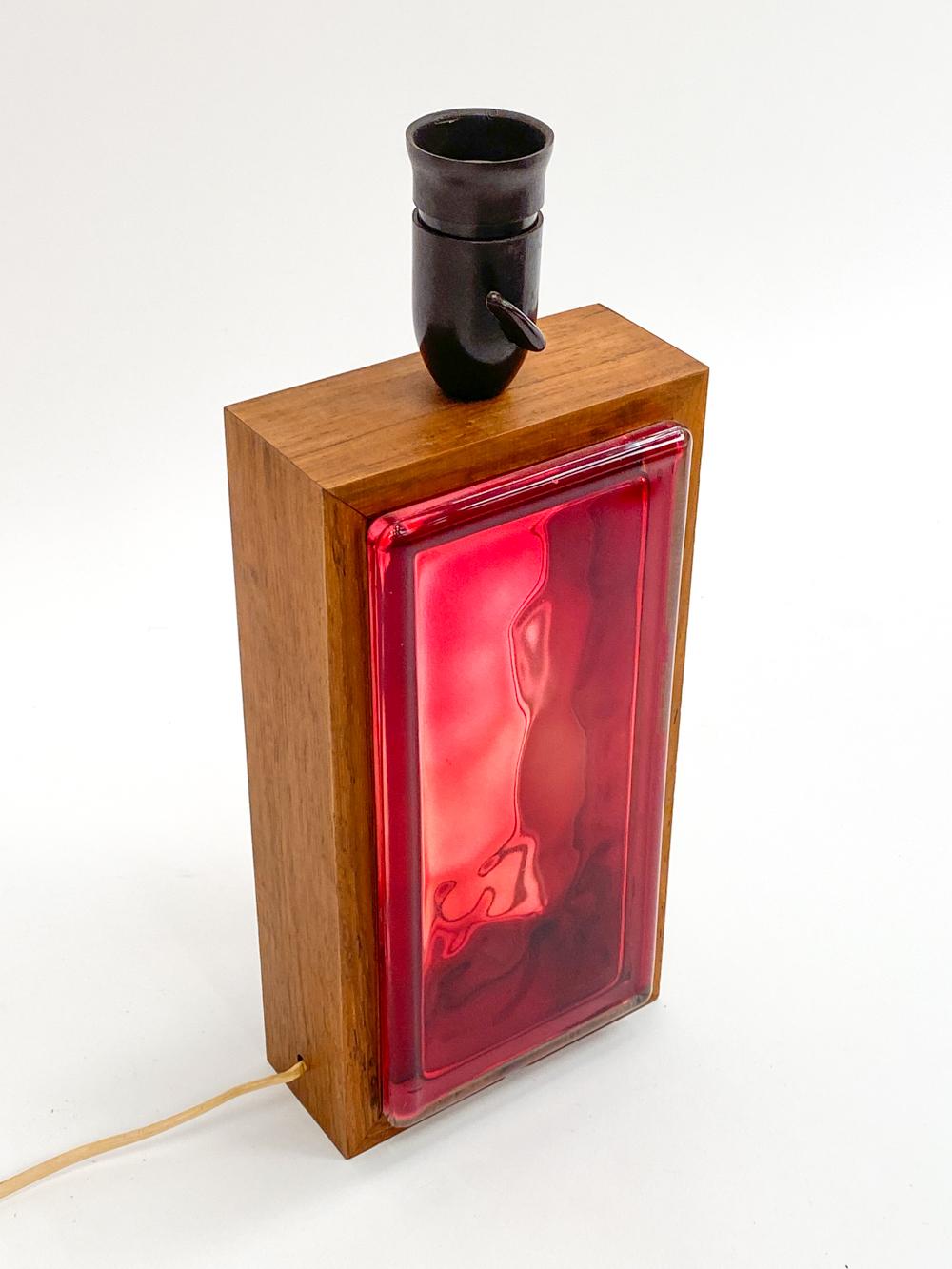 Swedish Red Glass Brick & Rosewood Table Lamp, c. 1960's In Good Condition For Sale In Norwalk, CT
