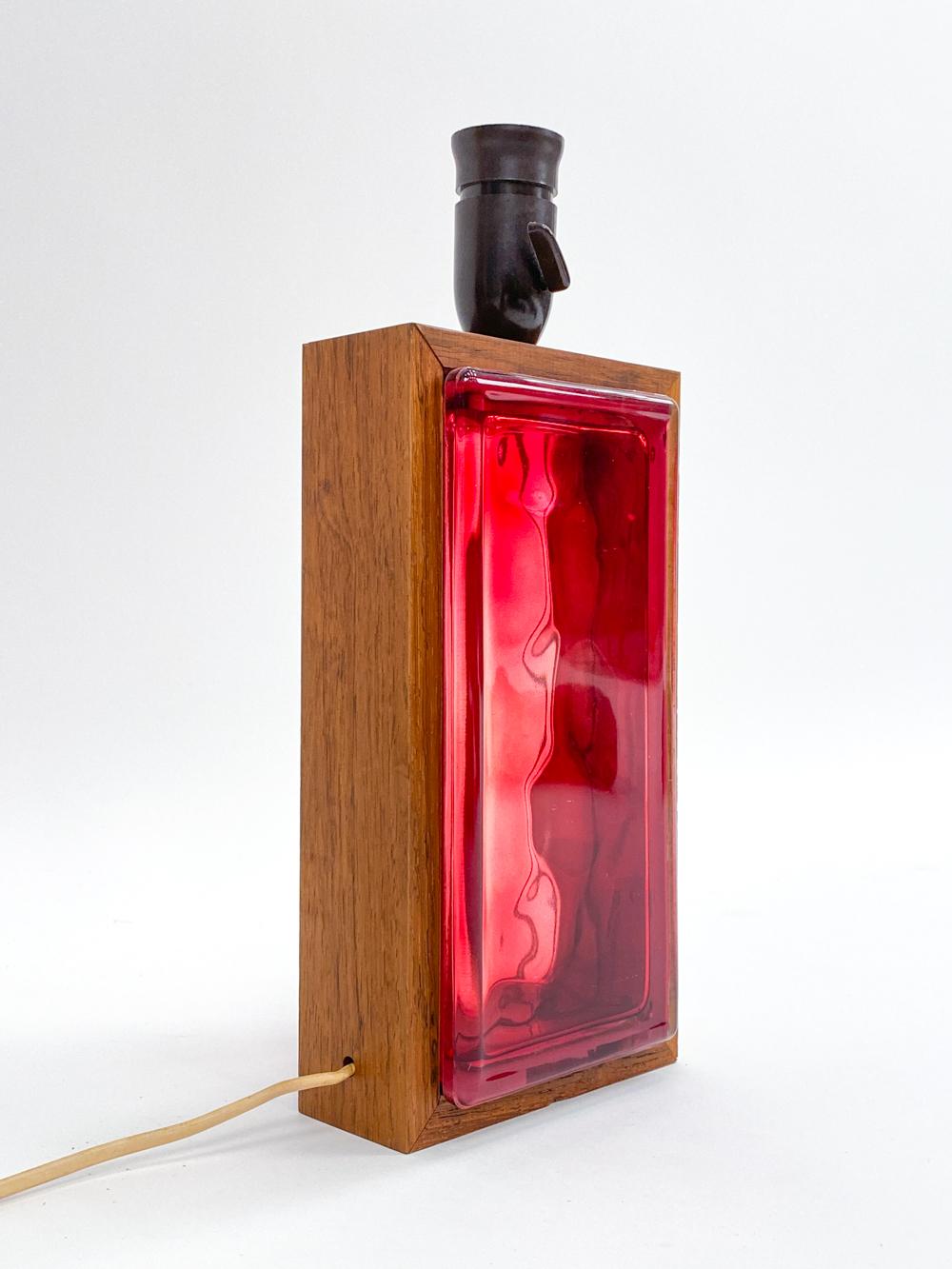 20th Century Swedish Red Glass Brick & Rosewood Table Lamp, c. 1960's For Sale
