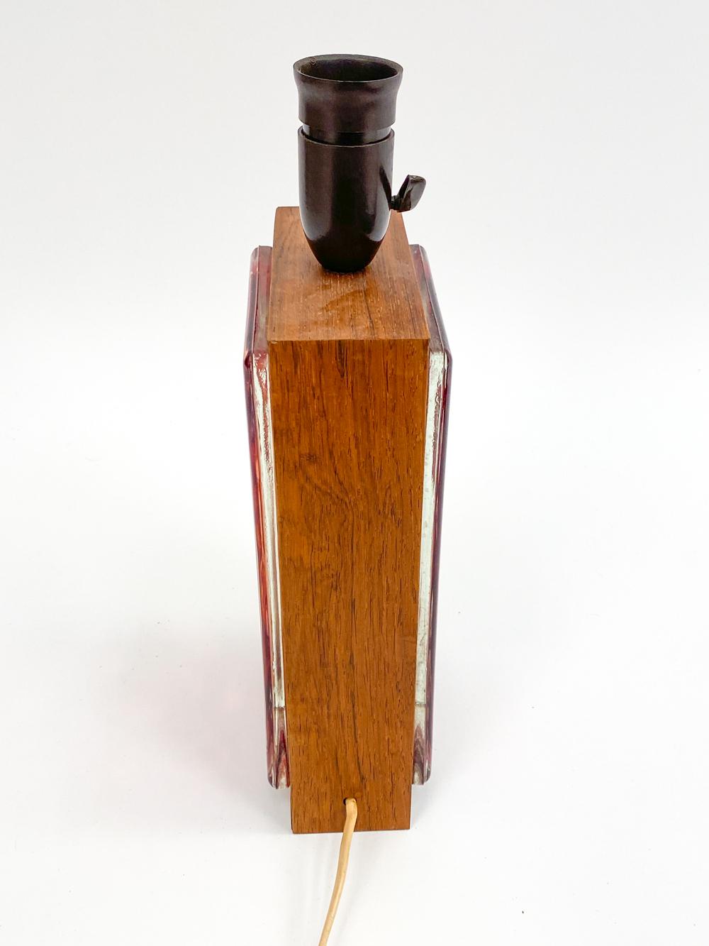 Swedish Red Glass Brick & Rosewood Table Lamp, c. 1960's For Sale 1