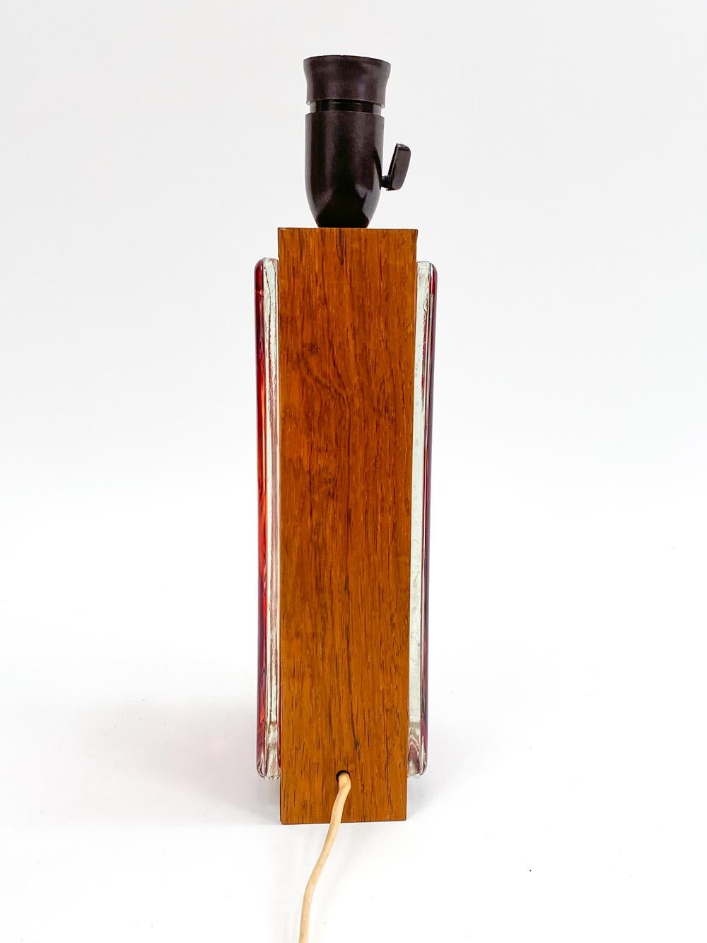 Swedish Red Glass Brick & Rosewood Table Lamp, c. 1960's For Sale 2