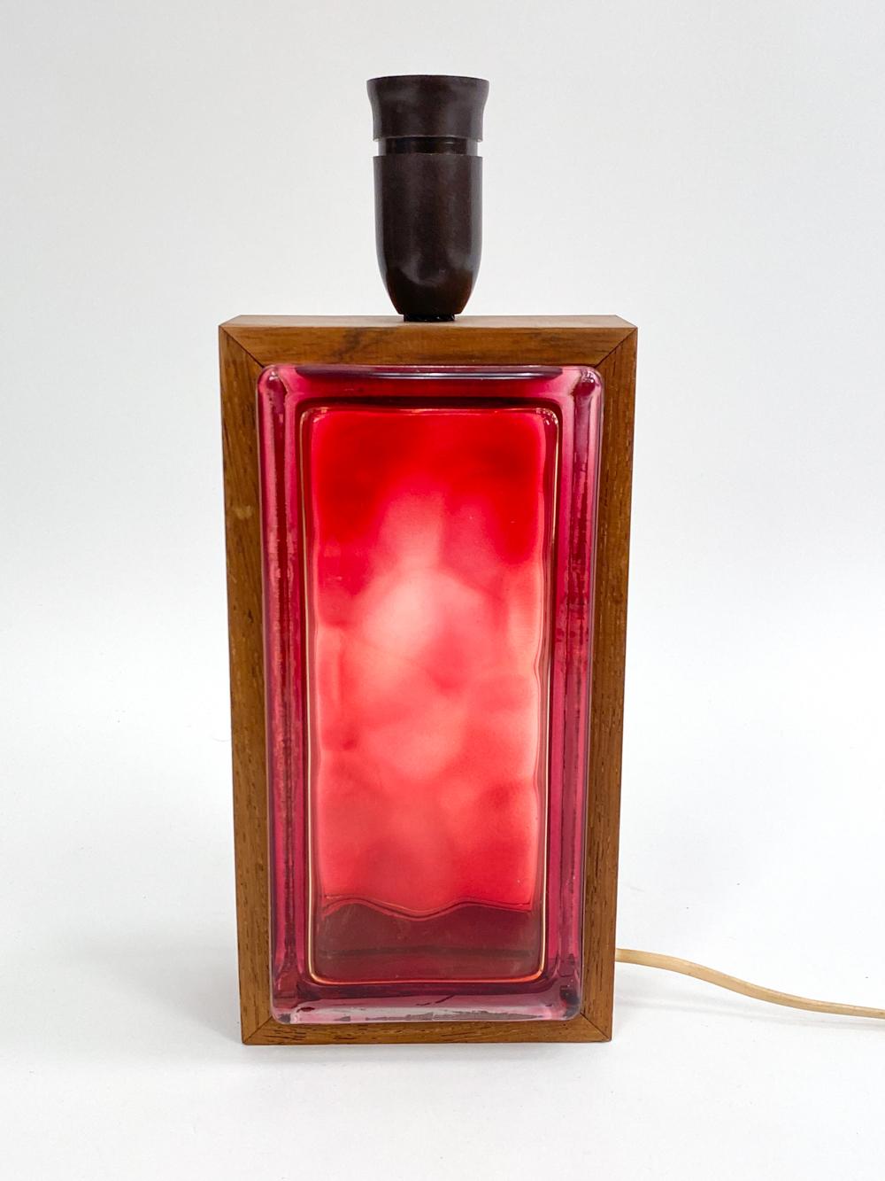 Swedish Red Glass Brick & Rosewood Table Lamp, c. 1960's For Sale 3