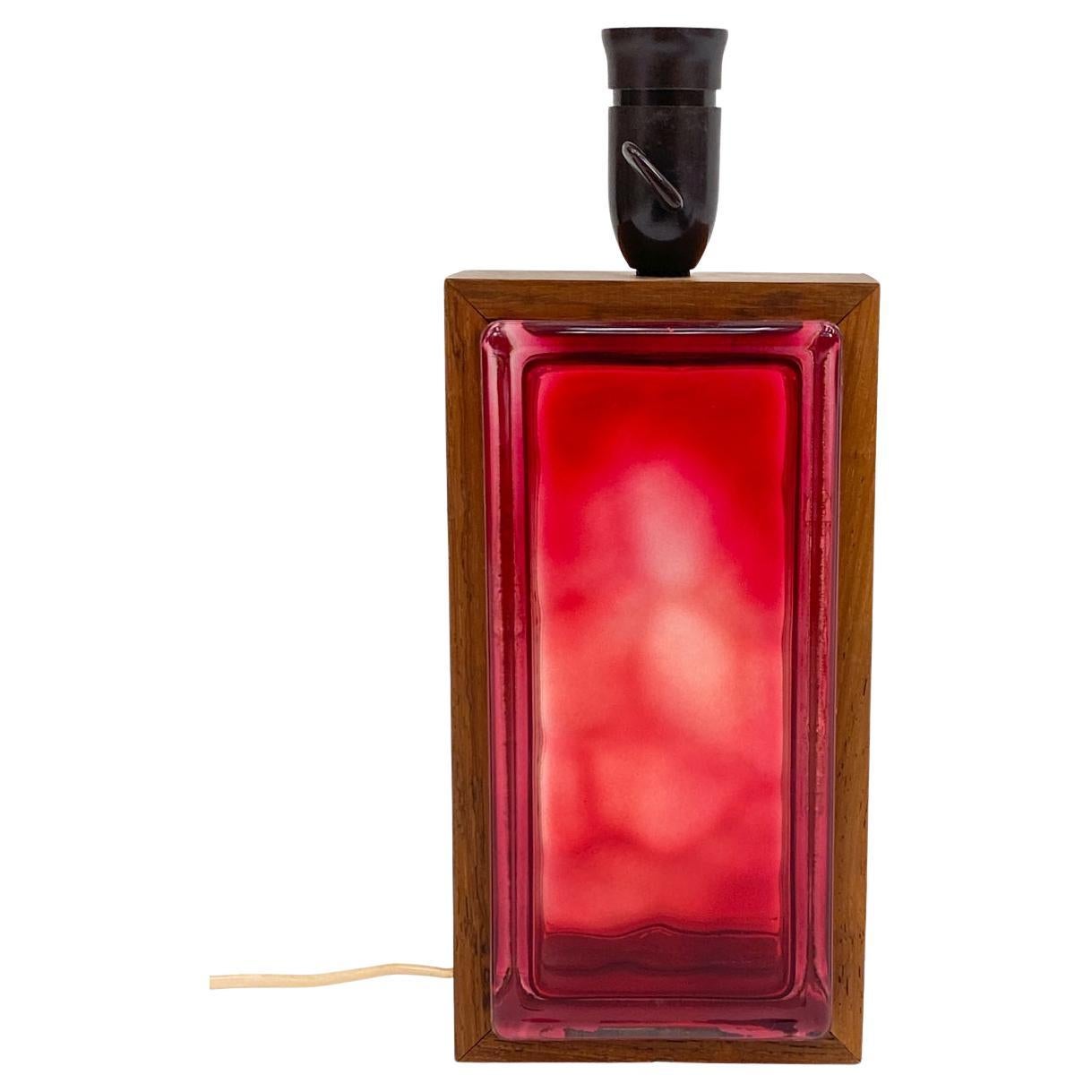 Swedish Red Glass Brick & Rosewood Table Lamp, c. 1960's For Sale