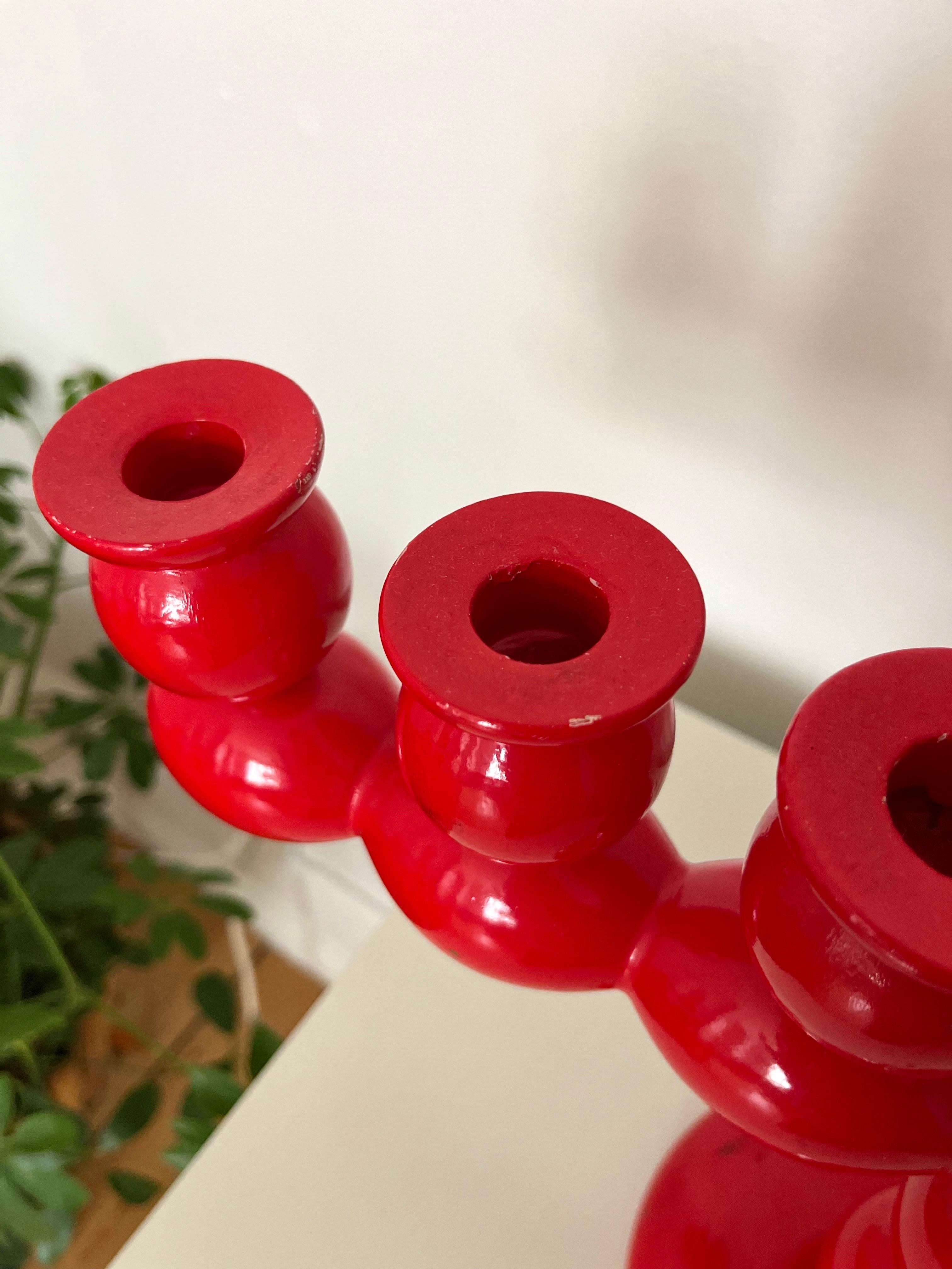 Swedish Red Lacquered Wood Candelabra, 1970s For Sale 9