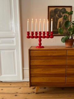 Swedish Red Lacquered Wood Candelabra, 1970s