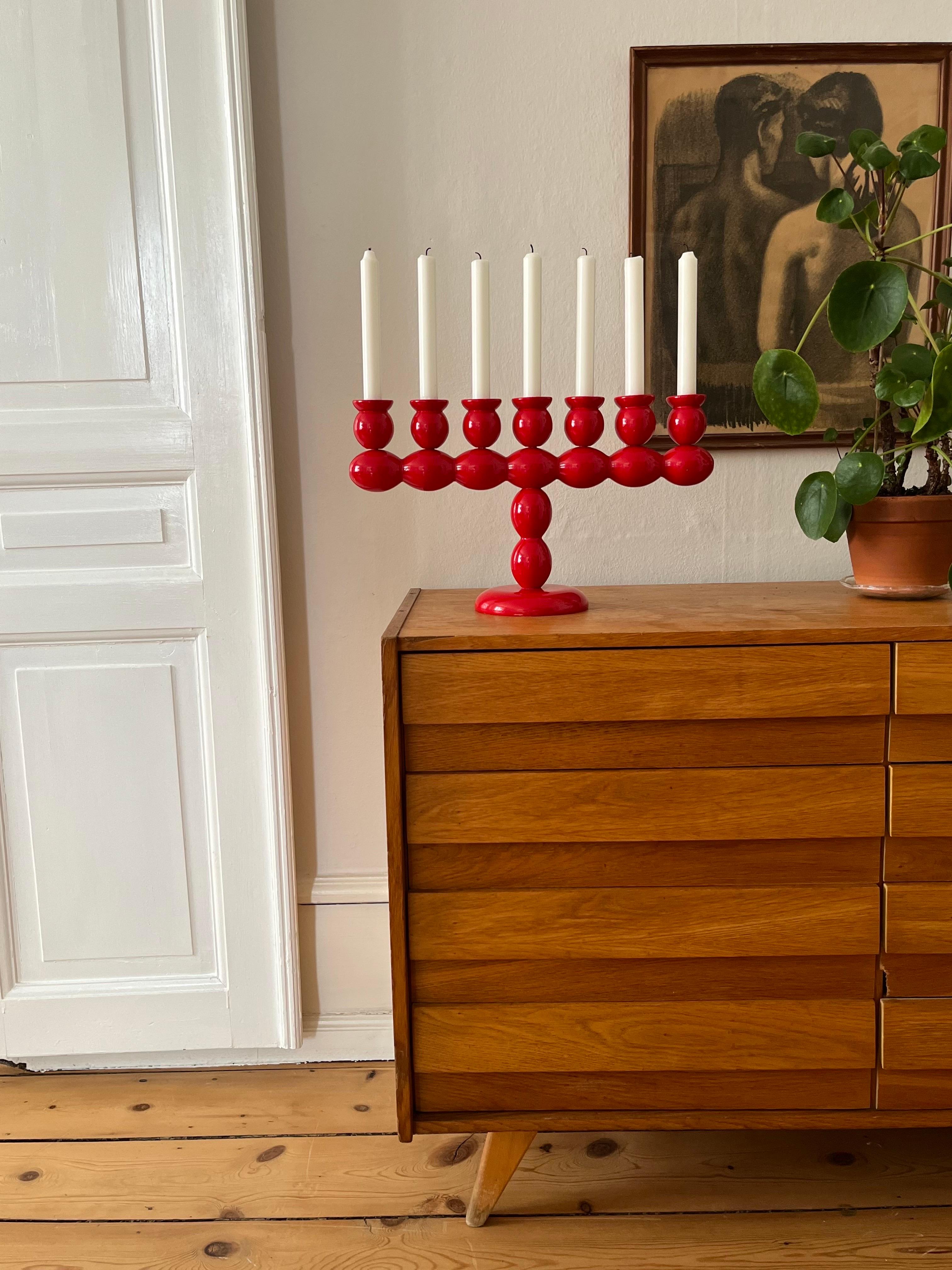 Swedish Red Lacquered Wood Candelabra, 1970s In Good Condition For Sale In Frederiksberg C, DK
