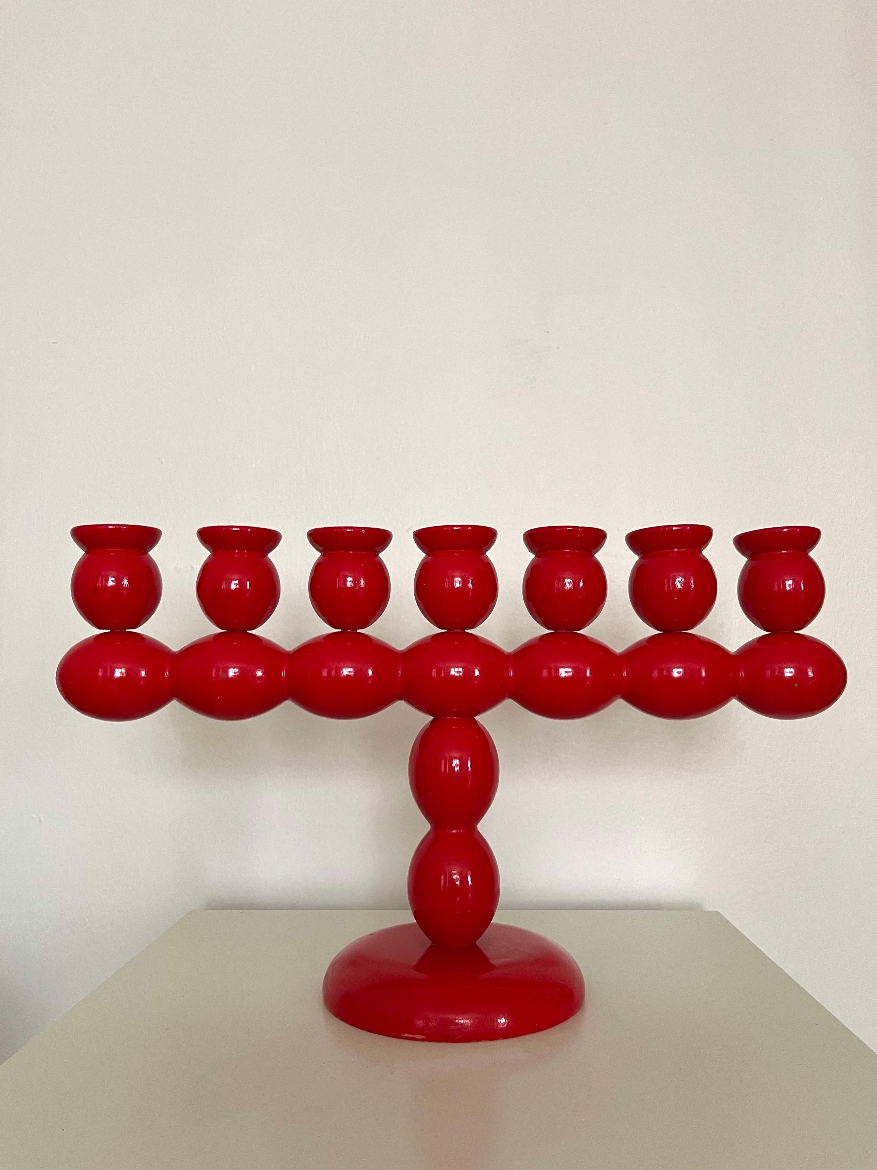 Late 20th Century Swedish Red Lacquered Wood Candelabra, 1970s For Sale