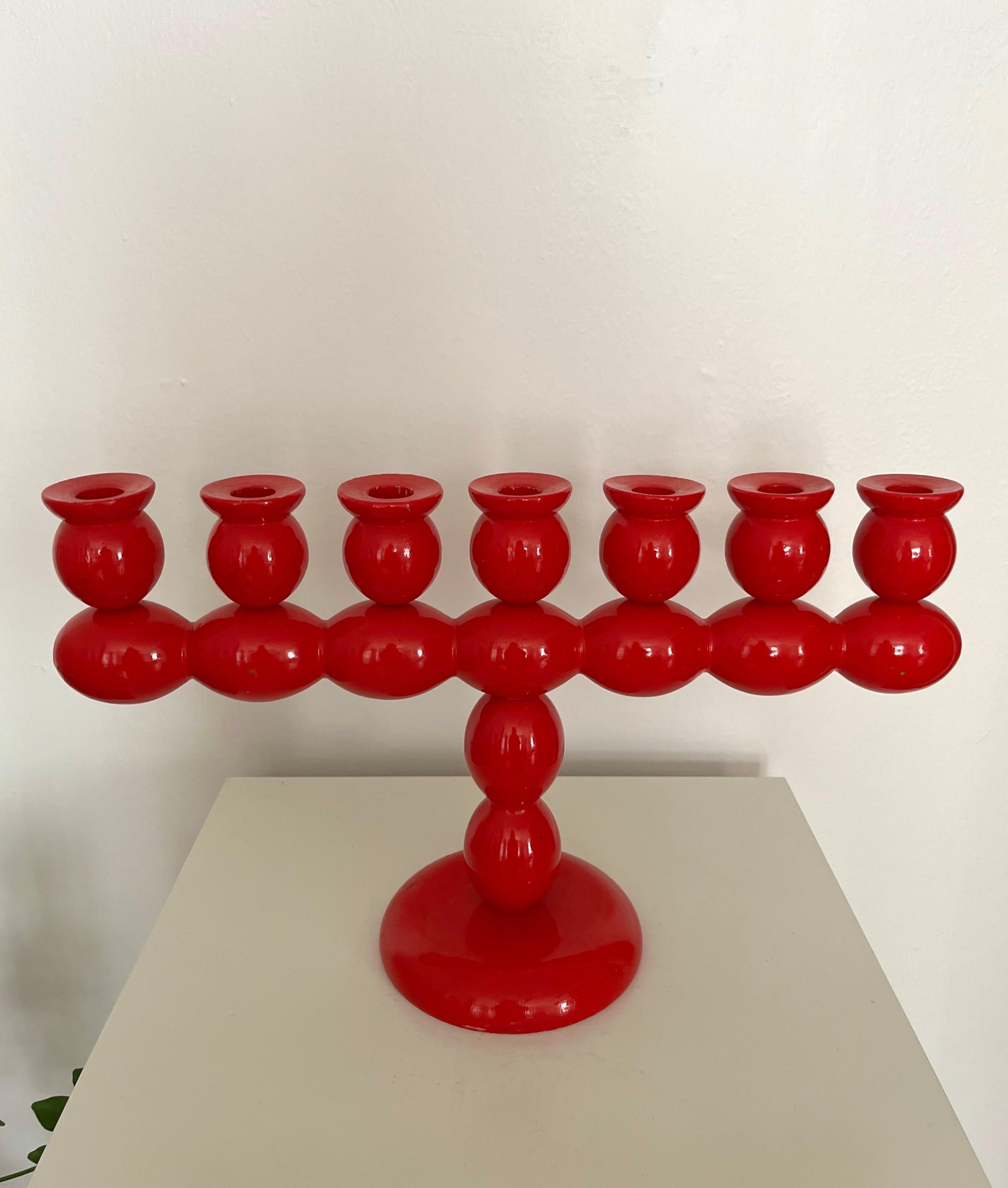 Swedish Red Lacquered Wood Candelabra, 1970s For Sale 1